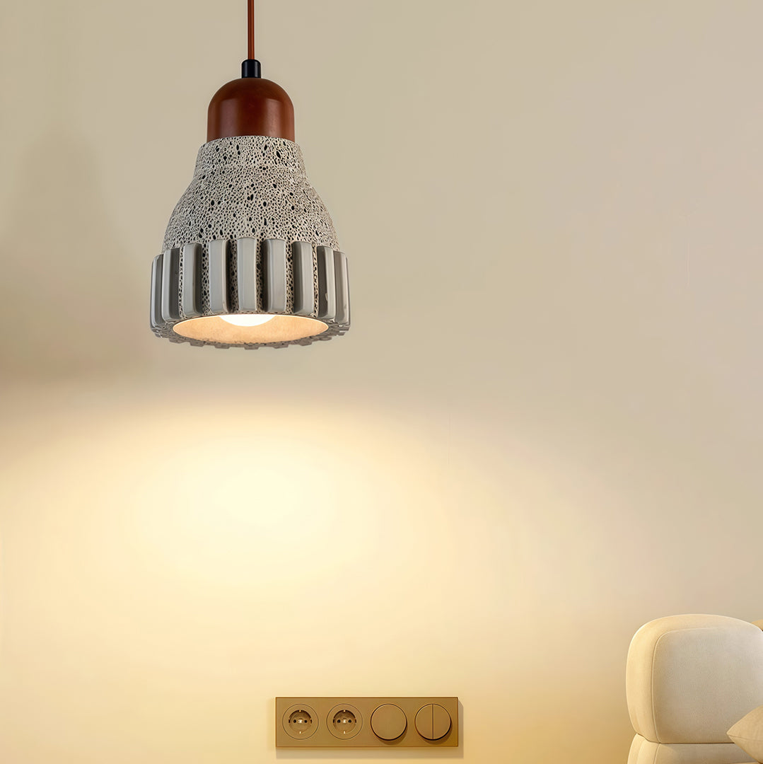 Wood pendant light with a contemporary design, featuring a woven shade and warm wood accents.