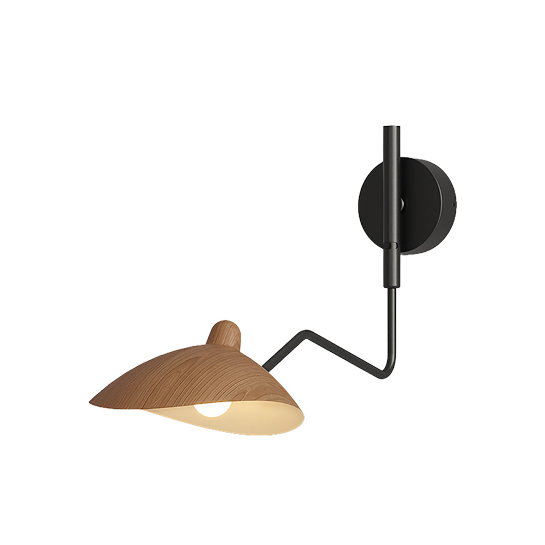 Contemporary black swing arm wall light with a unique wood-tone shade accent, shown in an isolated view of the dual-head fixture.