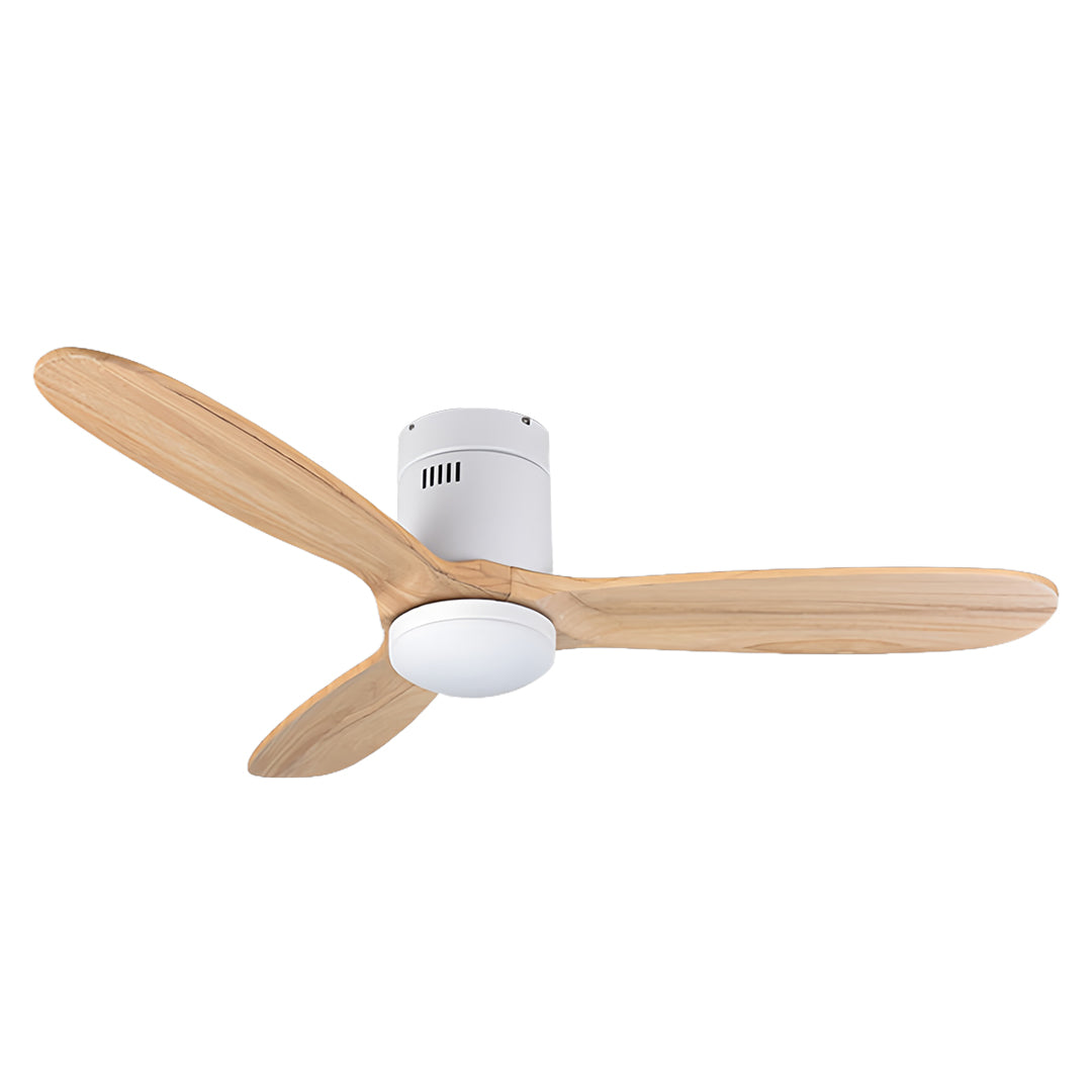 Contemporary 3 blade ceiling fan with light, natural wood finish and white motor housing.