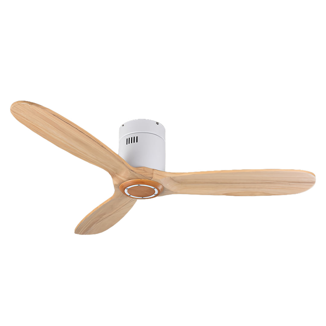 Contemporary 3 blade ceiling fan with natural wood finish and white motor housing