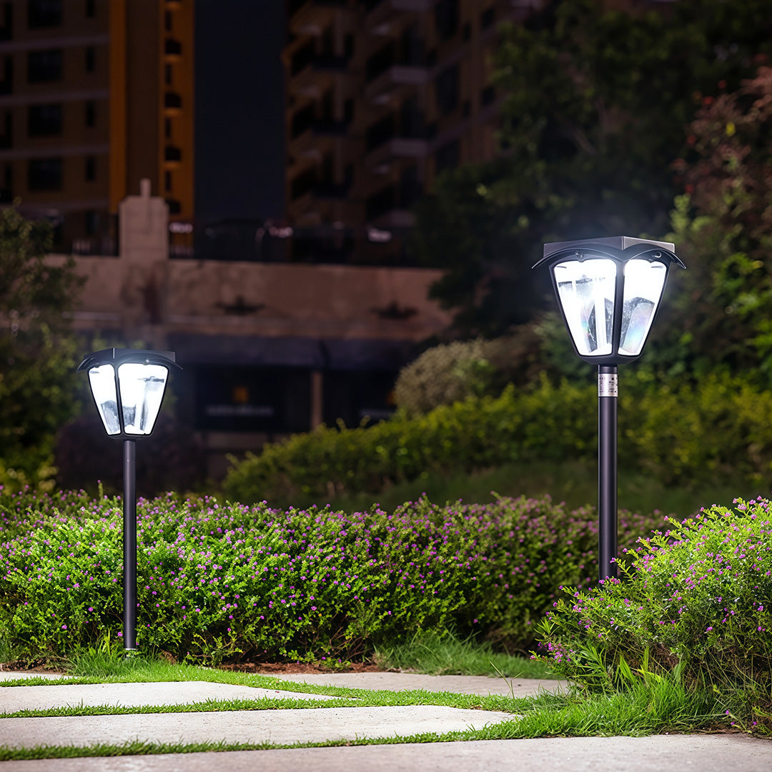 Cool white solar powered path lighting stakes illuminating a garden path with bright, clear light at night.