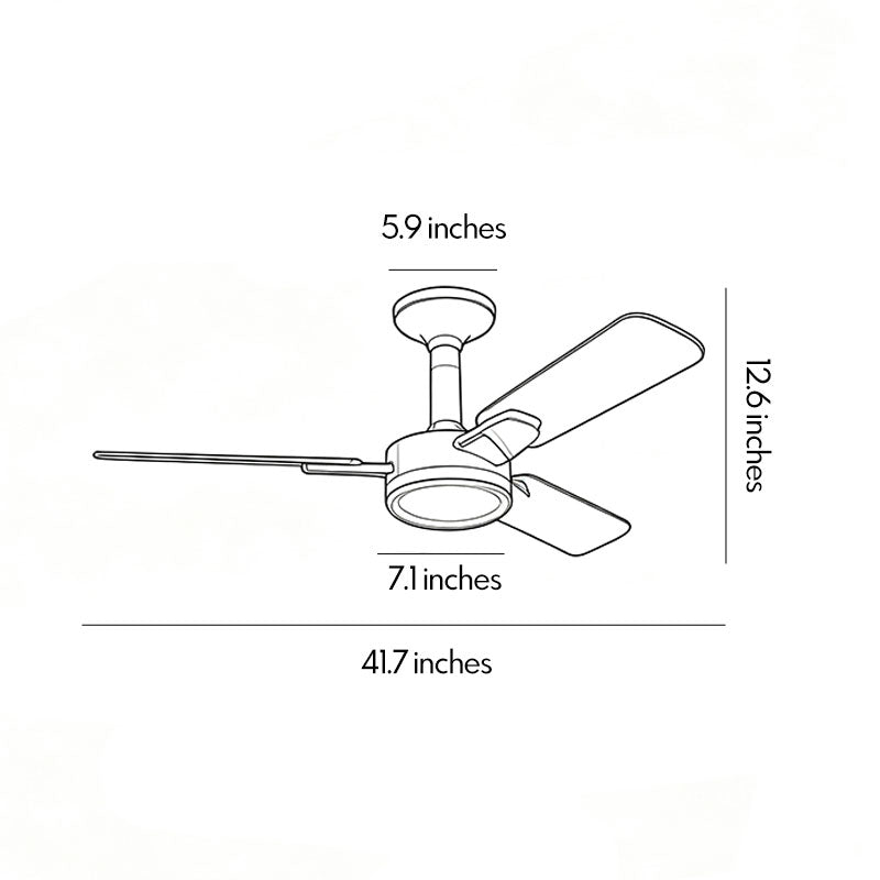 Copper ceiling fan with light dimension drawing showing the fixture width, height, and blade span.