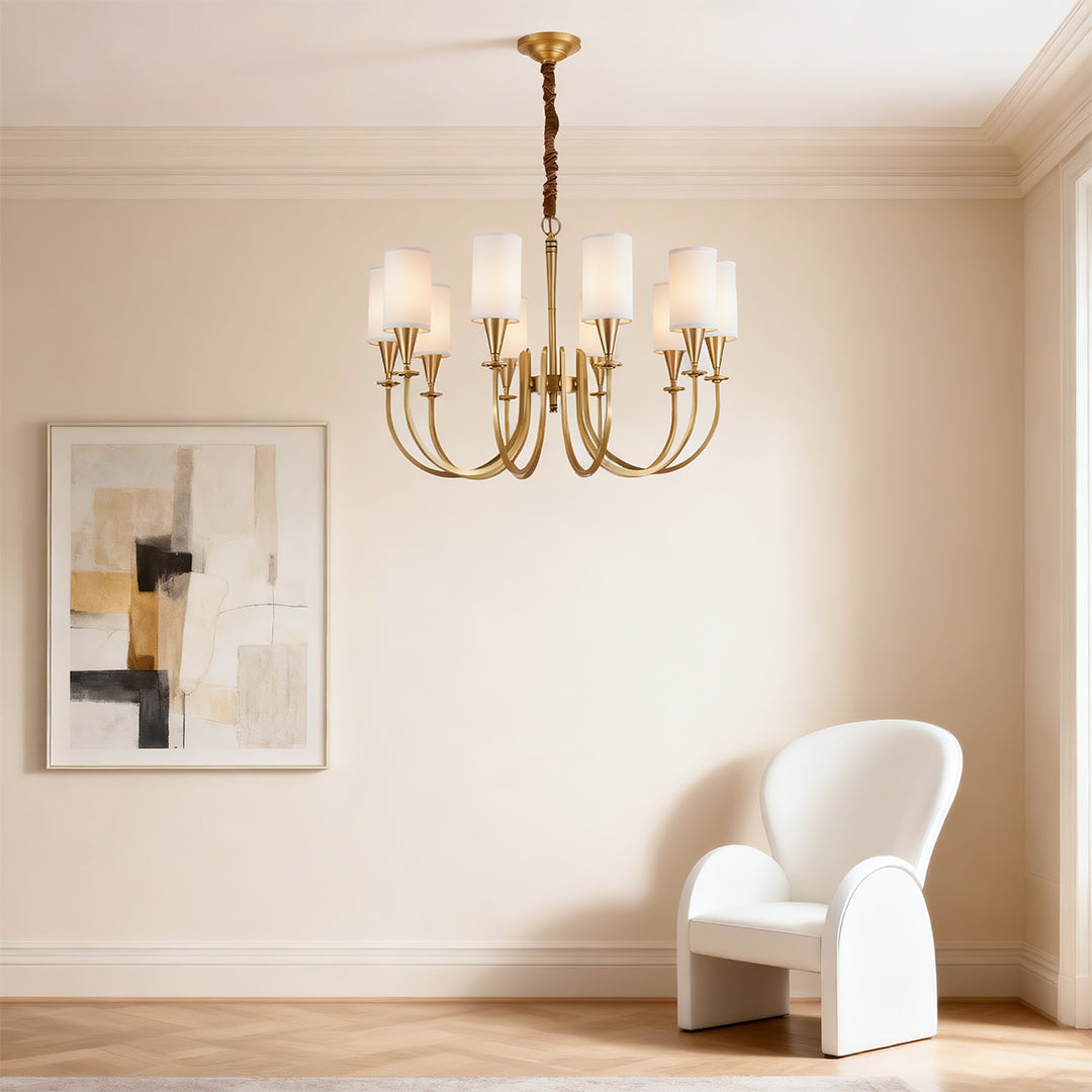 Copper chandelier modern creating focal point in minimalist space with neutral tones