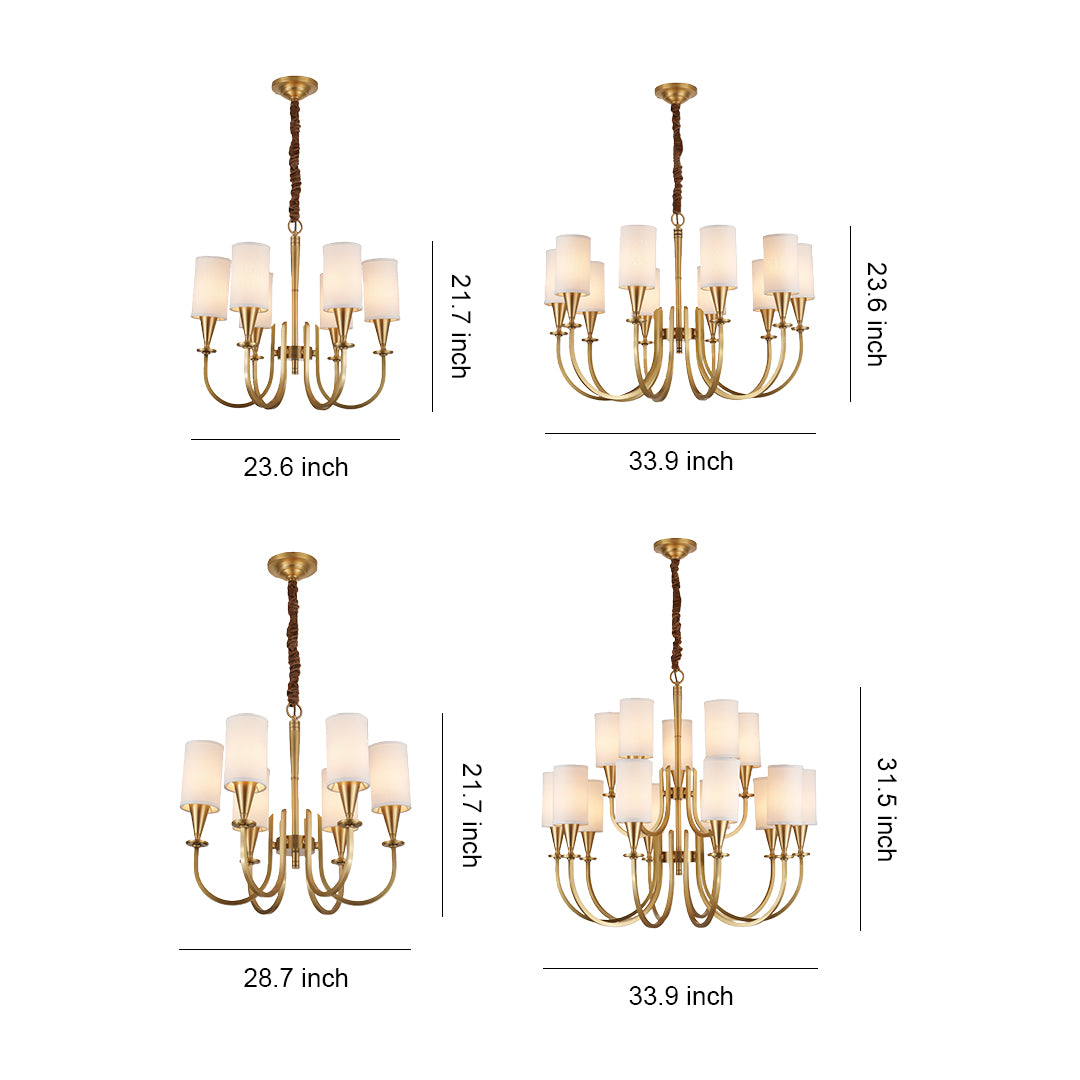 Copper chandelier modern specification diagram showing four size configurations with dimensions