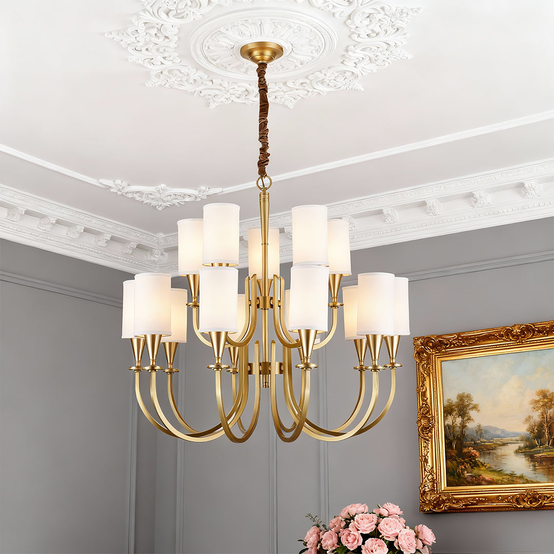 Modern luxury chandeliers creating sophisticated ambiance in grey interior with ornate ceiling