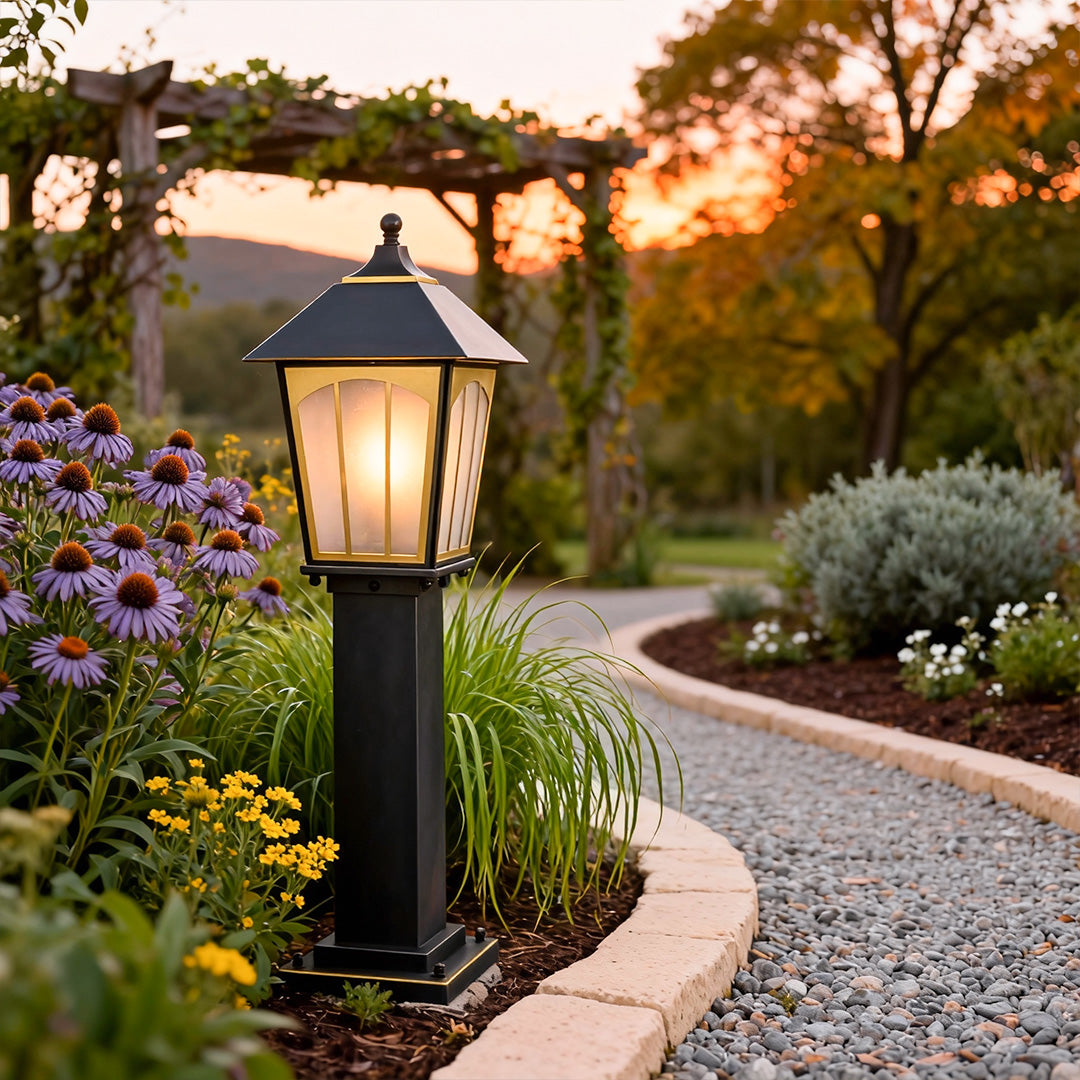 Copper LED path lights arranged along a garden path at sunset, creating an inviting and elegant landscape lighting effect.