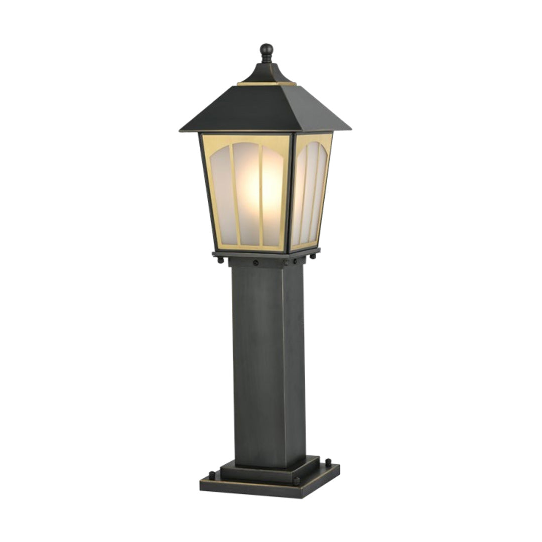 Traditional copper LED path lights featuring a tall post and clear glass panels for elegant outdoor pathway lighting.
