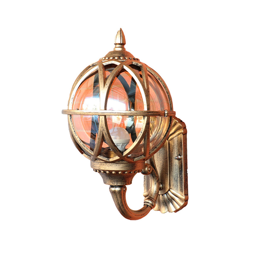 Traditional copper finish marine-style outdoor sconce with spherical cage design