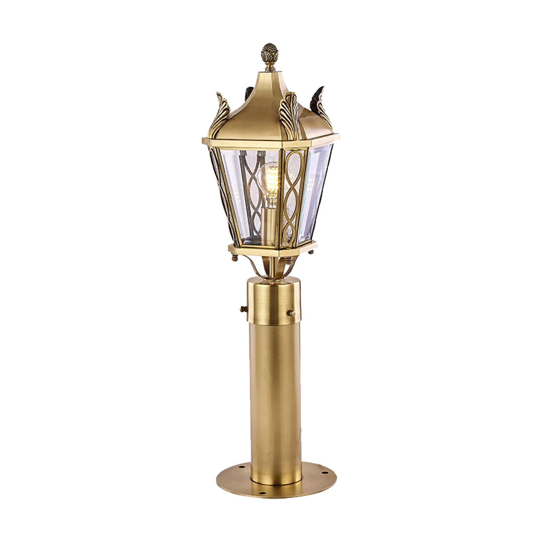 Copper outdoor path lighting installed along a garden pathway, enhancing evening ambiance with warm, inviting glow.