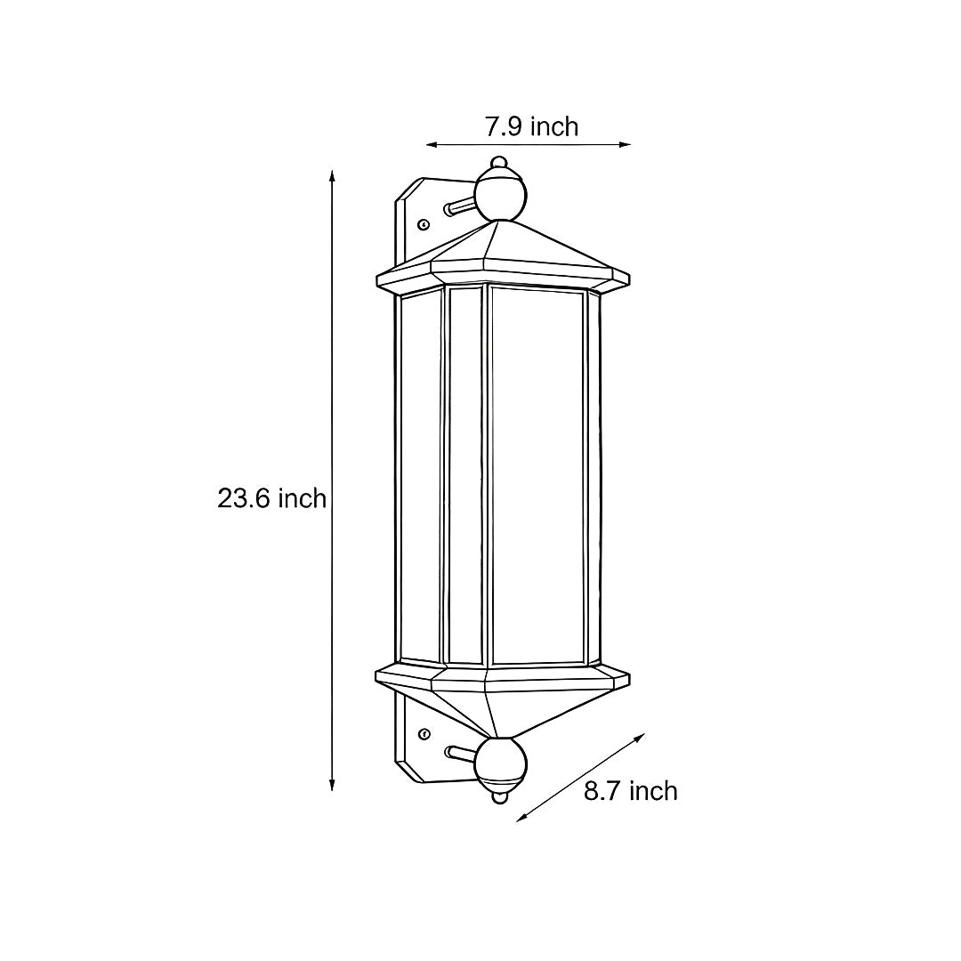 Technical dimension drawing of a copper outdoor wall lantern, showing height, width, and mounting measurements.