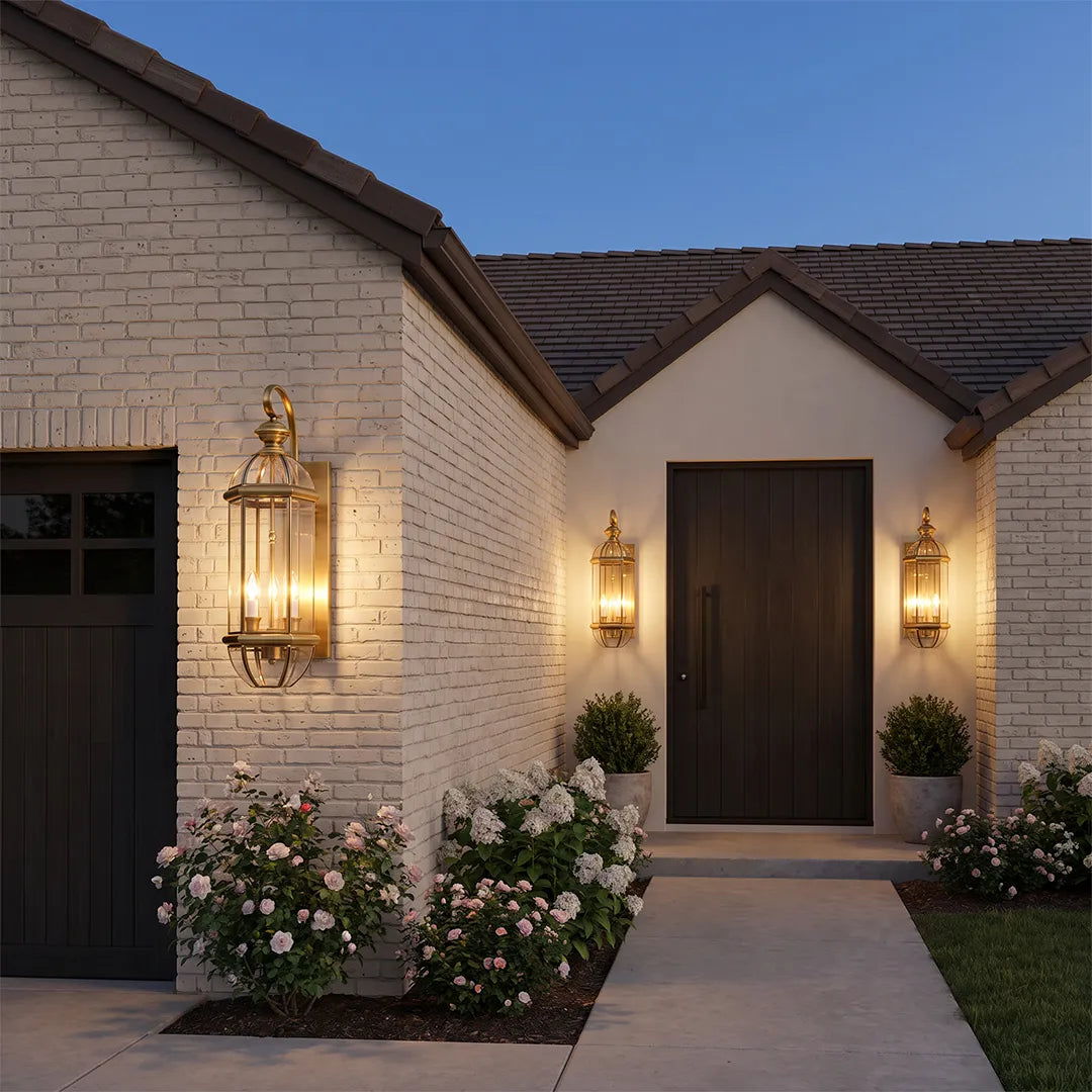 Copper outdoor wall sconce beside a modern front door, highlighting a tall glass lantern body and warm exterior glow.