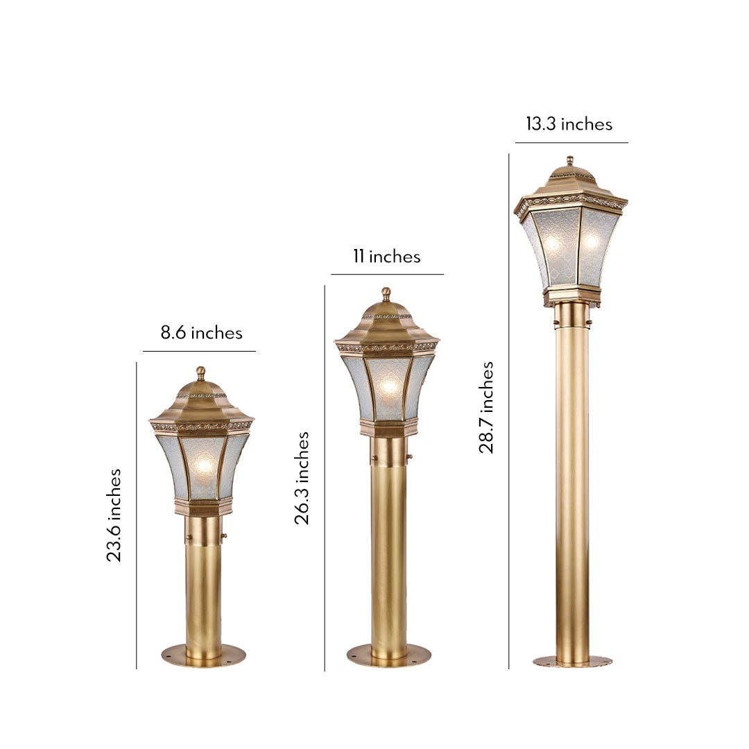 Copper path lights set showing multiple height options, designed for coordinated outdoor pathway and garden lighting.