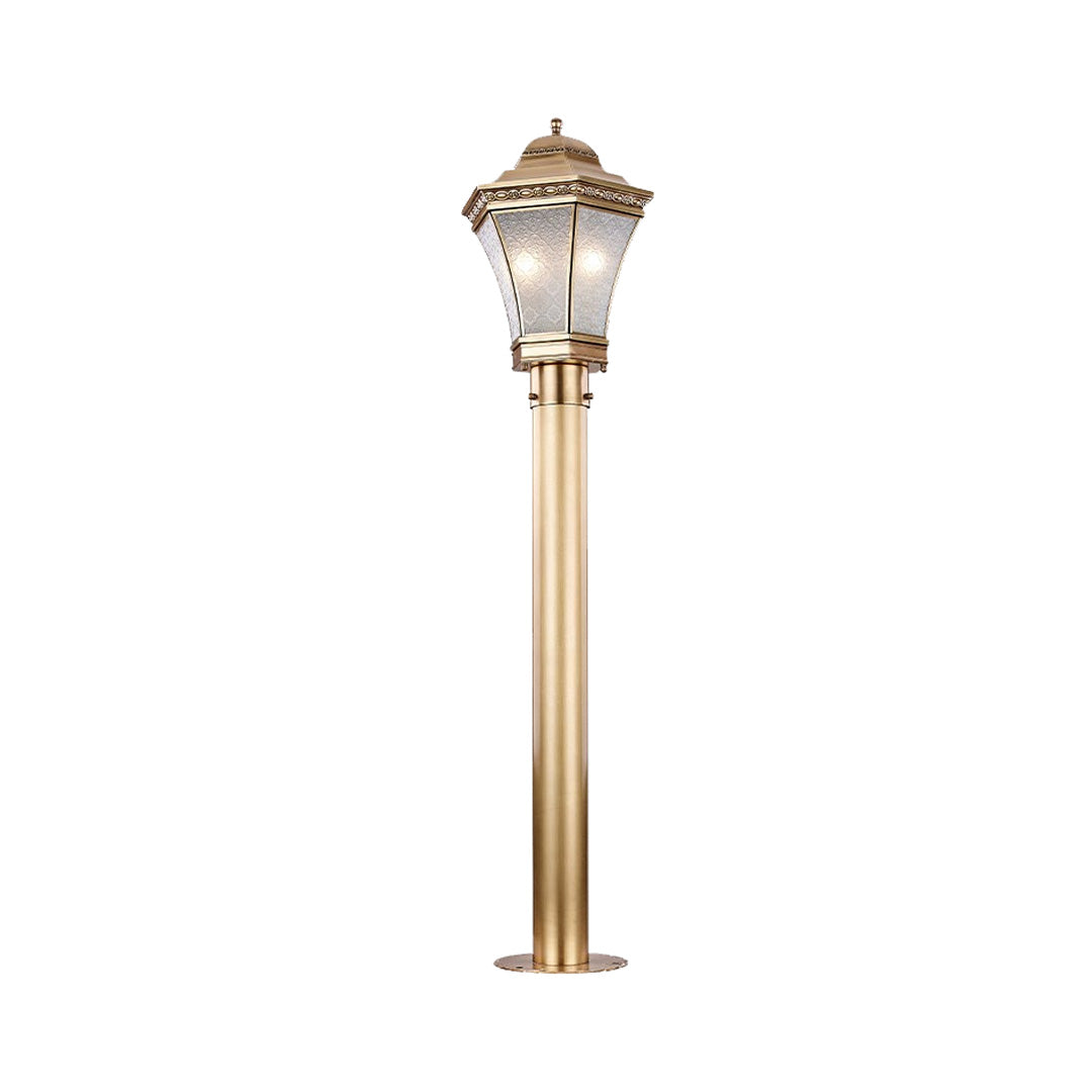 Tall copper path lights with classic lantern head, ideal for lighting residential walkways and landscaped paths.