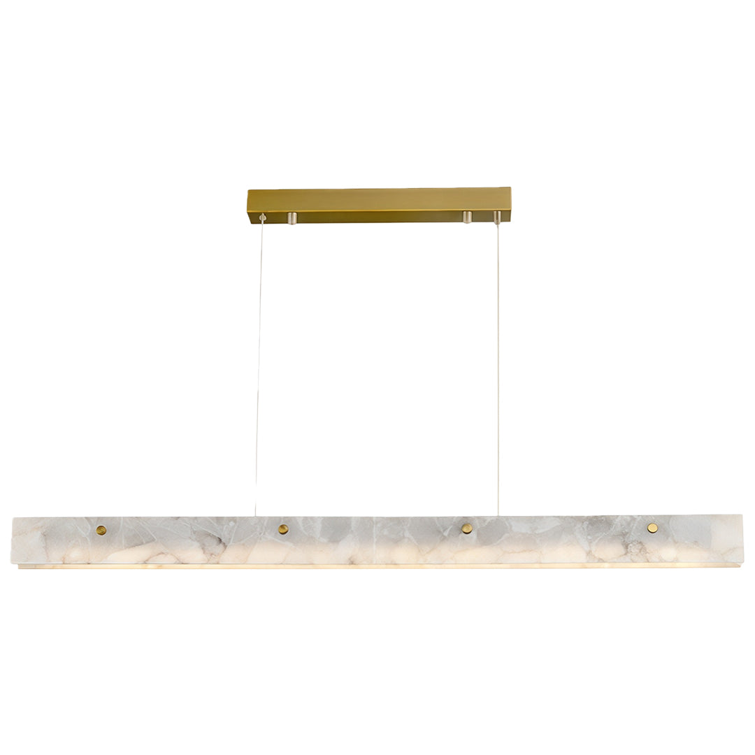 Copper metal pendant light installed above a marble dining table, adding a touch of elegance and warmth