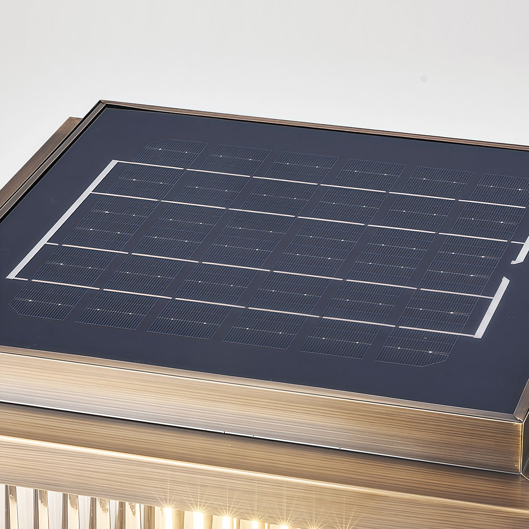 Detail shot of copper pillar light corner revealing layered construction and warm wooden base trim