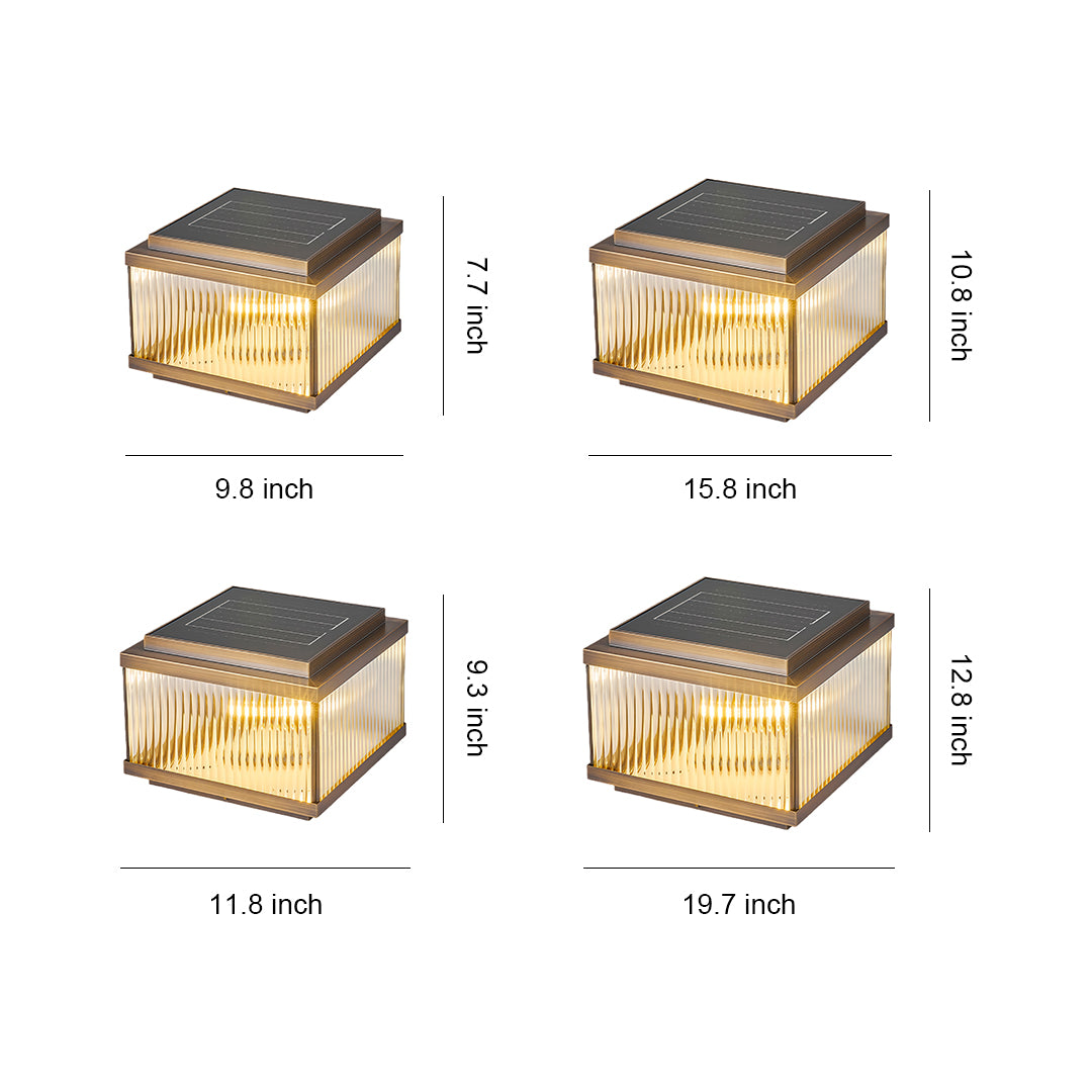 Copper pillar lights design reference sheet showing four warm-toned square post lamps with corrugated sides