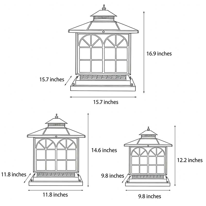Line drawing of copper pillar lights dimensions, providing installation specifications.