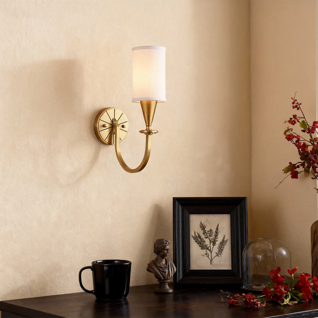 Copper wall lights illuminating cozy workspace with warm tones and decorative items