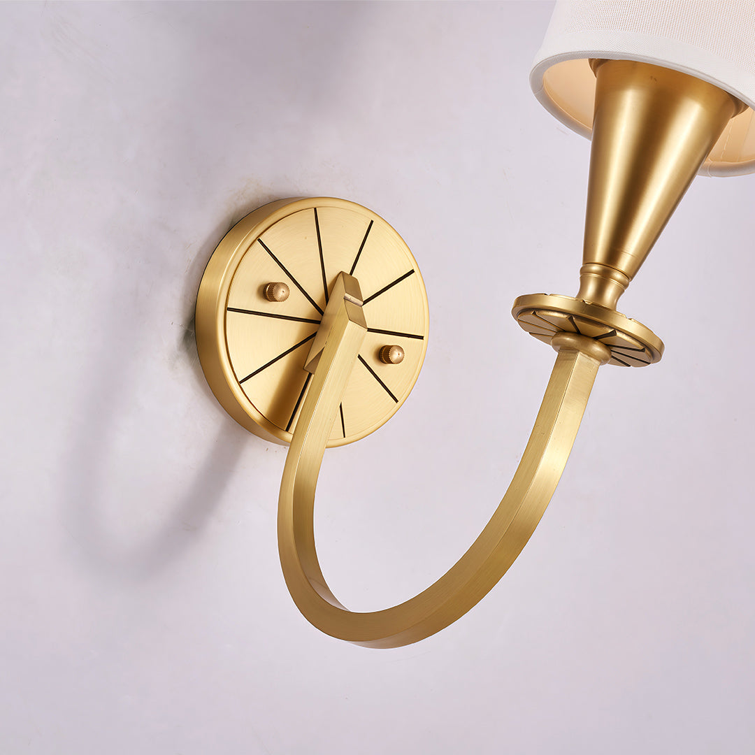 Copper wall lights detail showcasing brass backplate and conical shade design