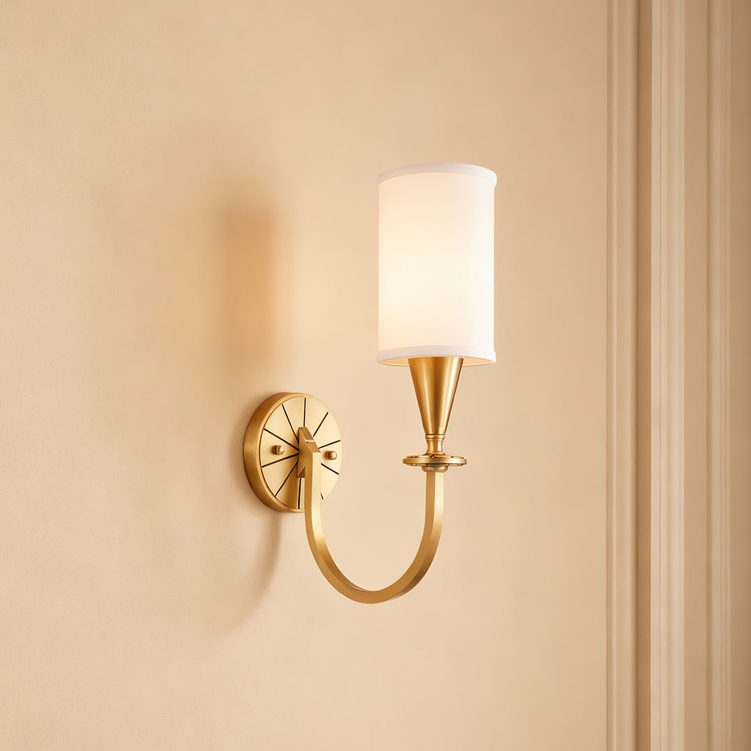 Copper wall lights providing elegant lighting in neutral hallway with soft curtains