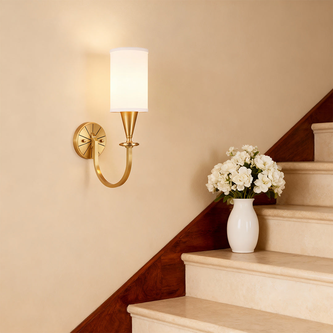 Copper wall lights enhancing stairway with warm illumination and clean white walls