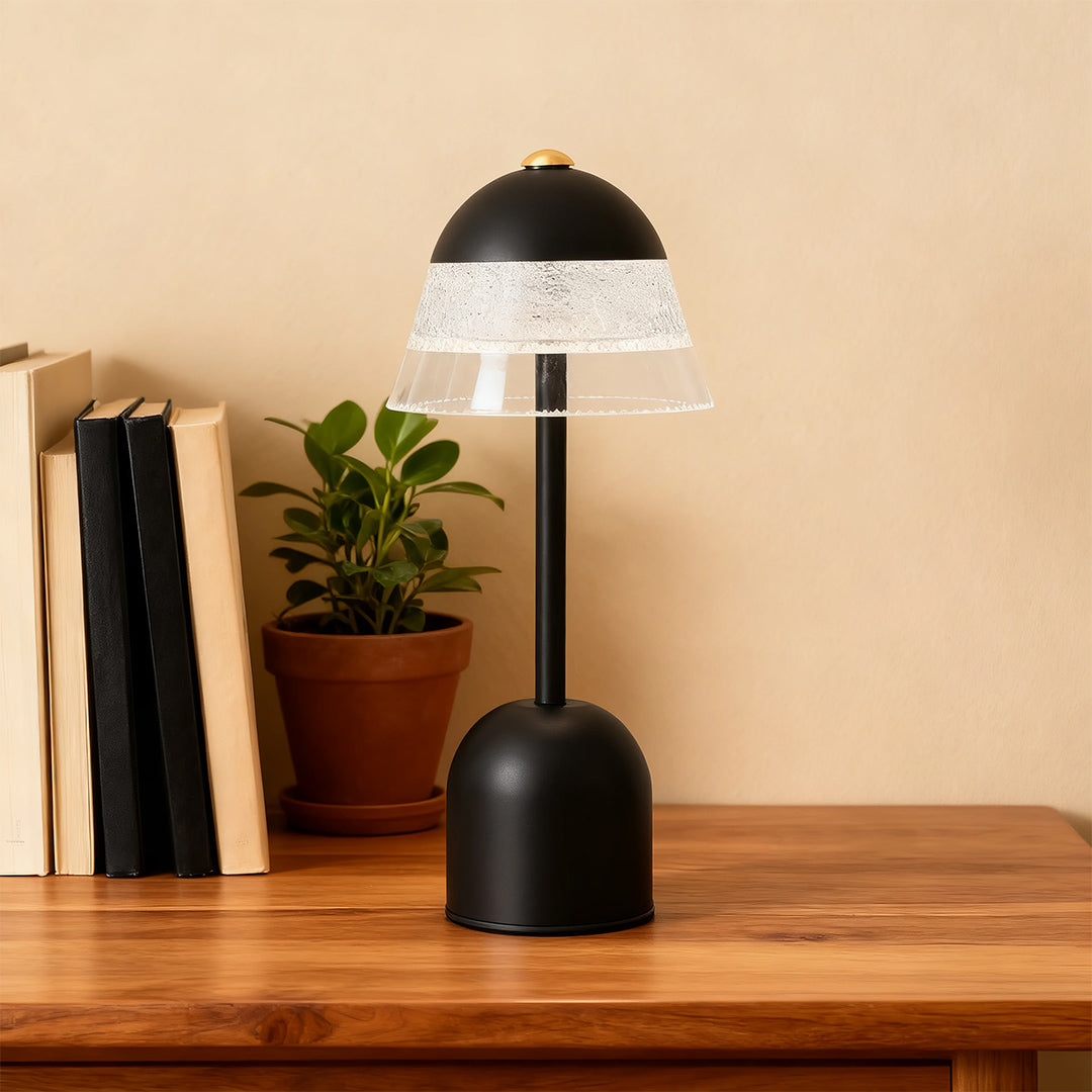 Cordless black USB table lamps with a delicate speckled shade on a dark wooden desk next to books and a plant.