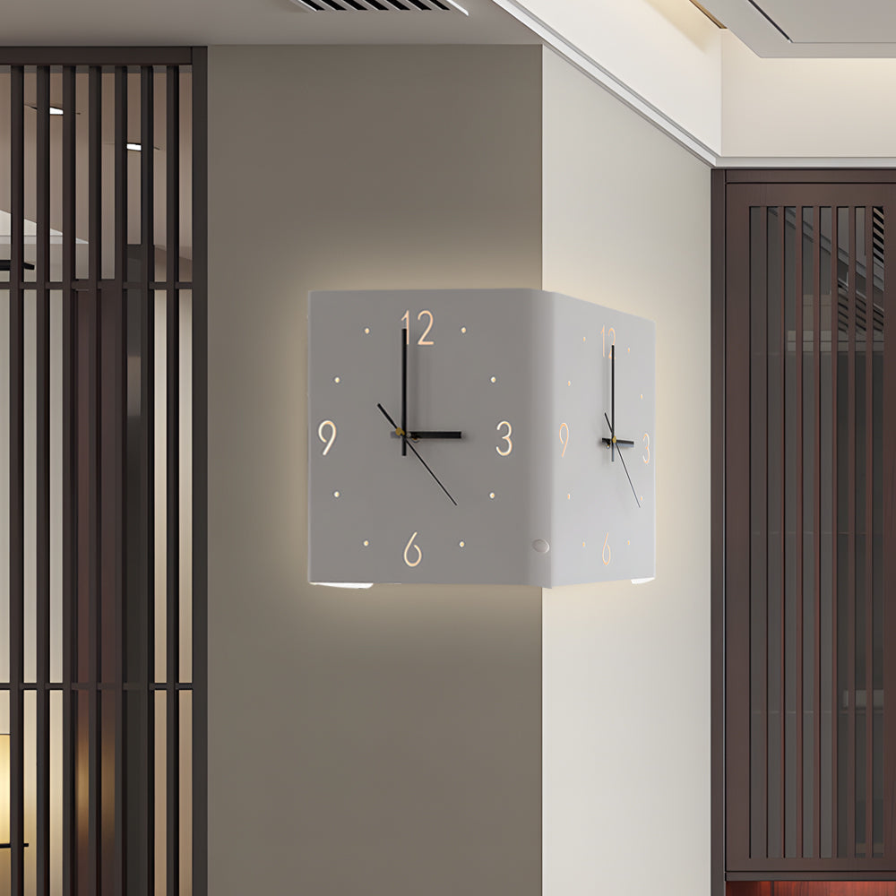 Corner wall clock lamp used as decorative hallway lighting