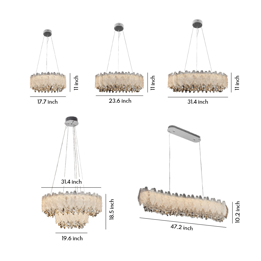 Country French chandelier size chart showing round and rectangular options with crystal details.
