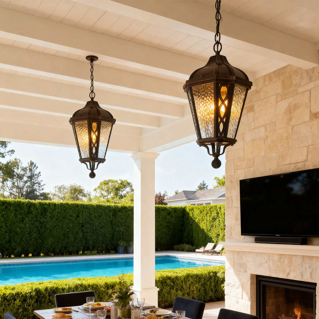 Black pendant light in a covered patio, elegant and functional outdoor lighting fixture