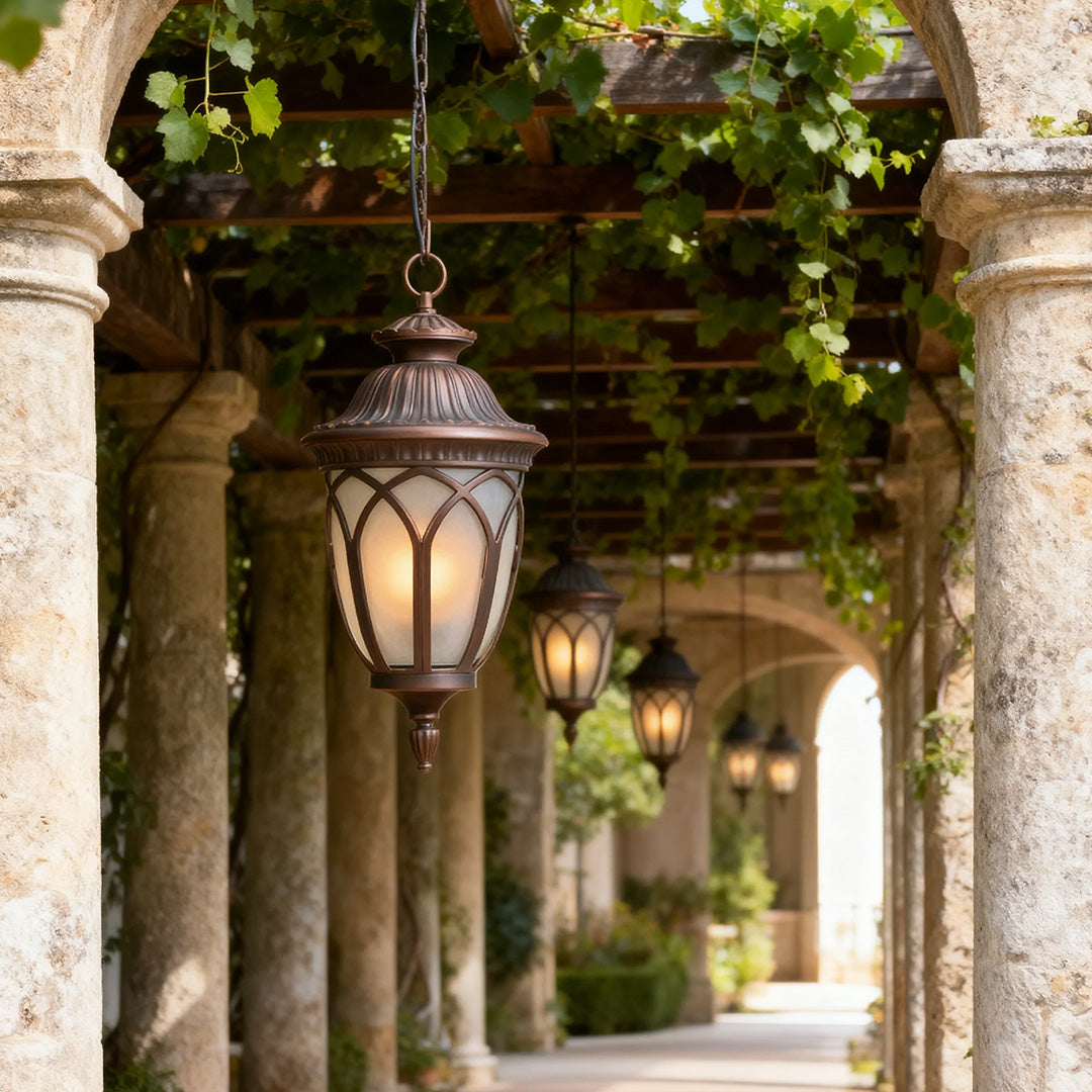 Pendant outdoor light in a covered walkway, elegant and functional exterior lighting fixture