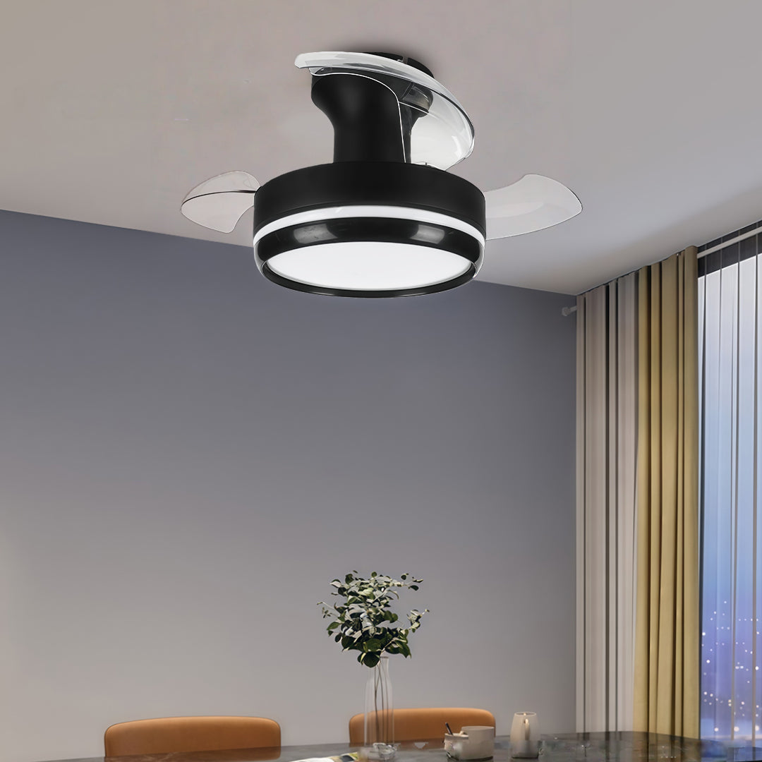 Ceiling fan with remote light in a cozy bedroom, stylish and functional indoor lighting solution