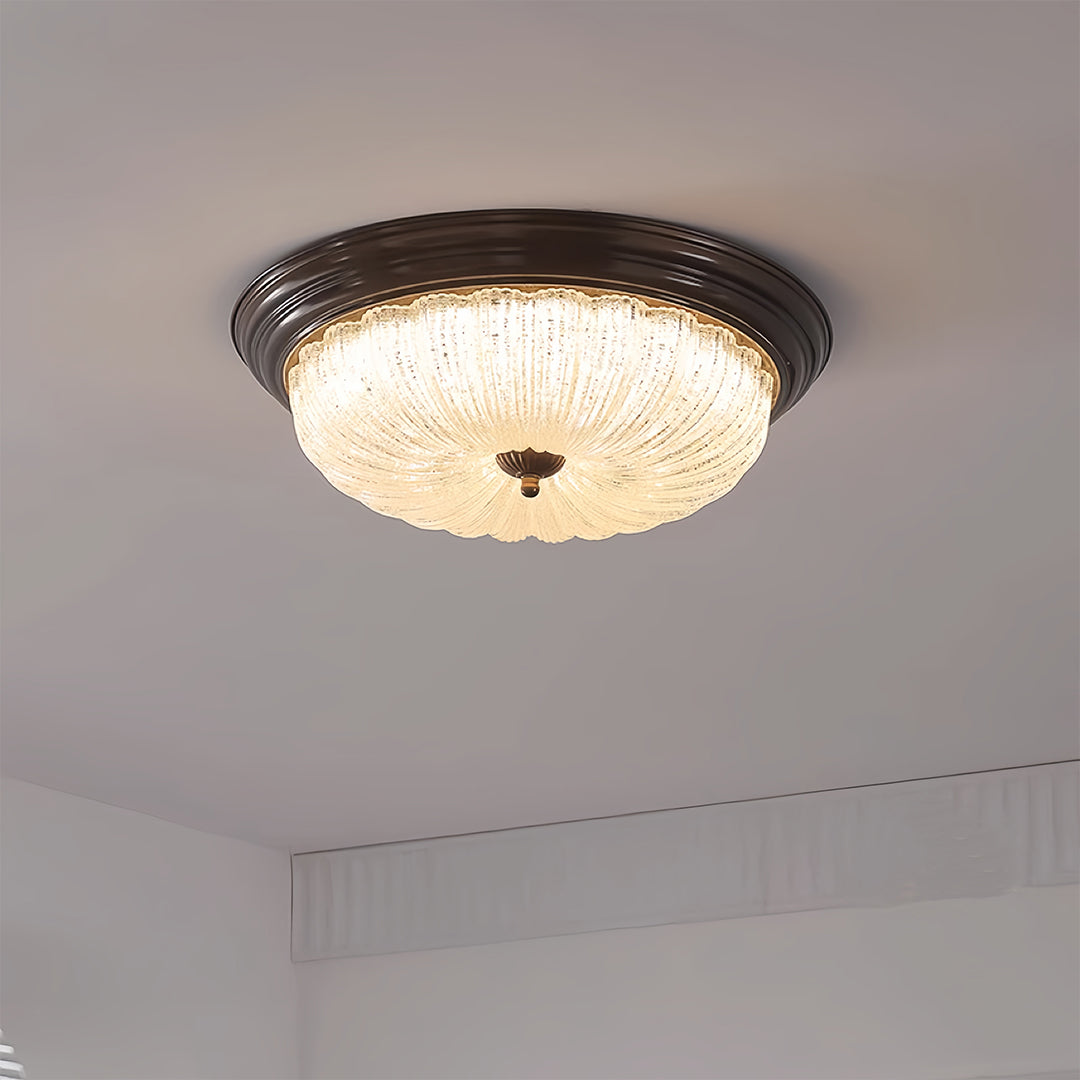 Elegant retro flush mount ceiling light in a cozy bedroom, timeless crystal lighting design
