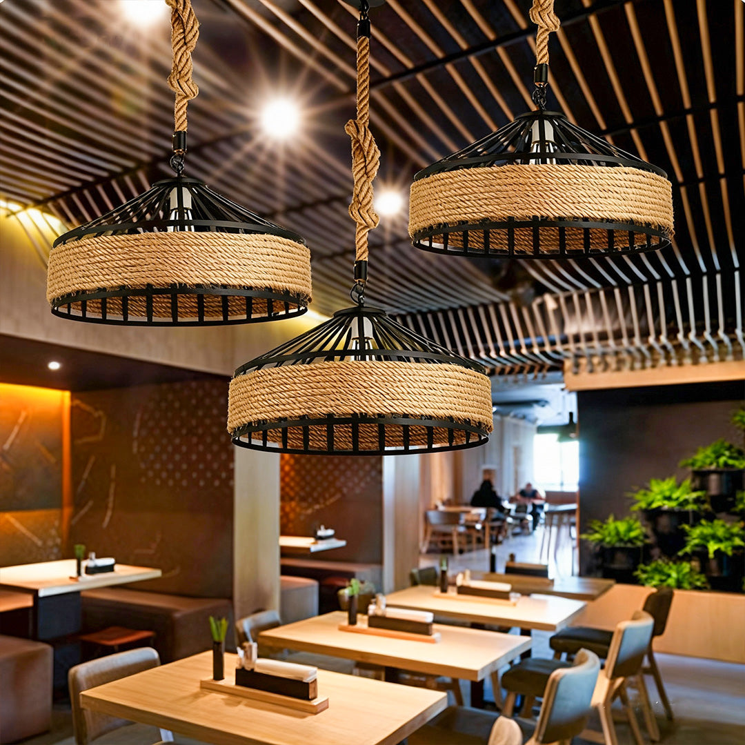 Rustic circular pendant lights in a cozy dining area, warm and inviting lighting fixtures