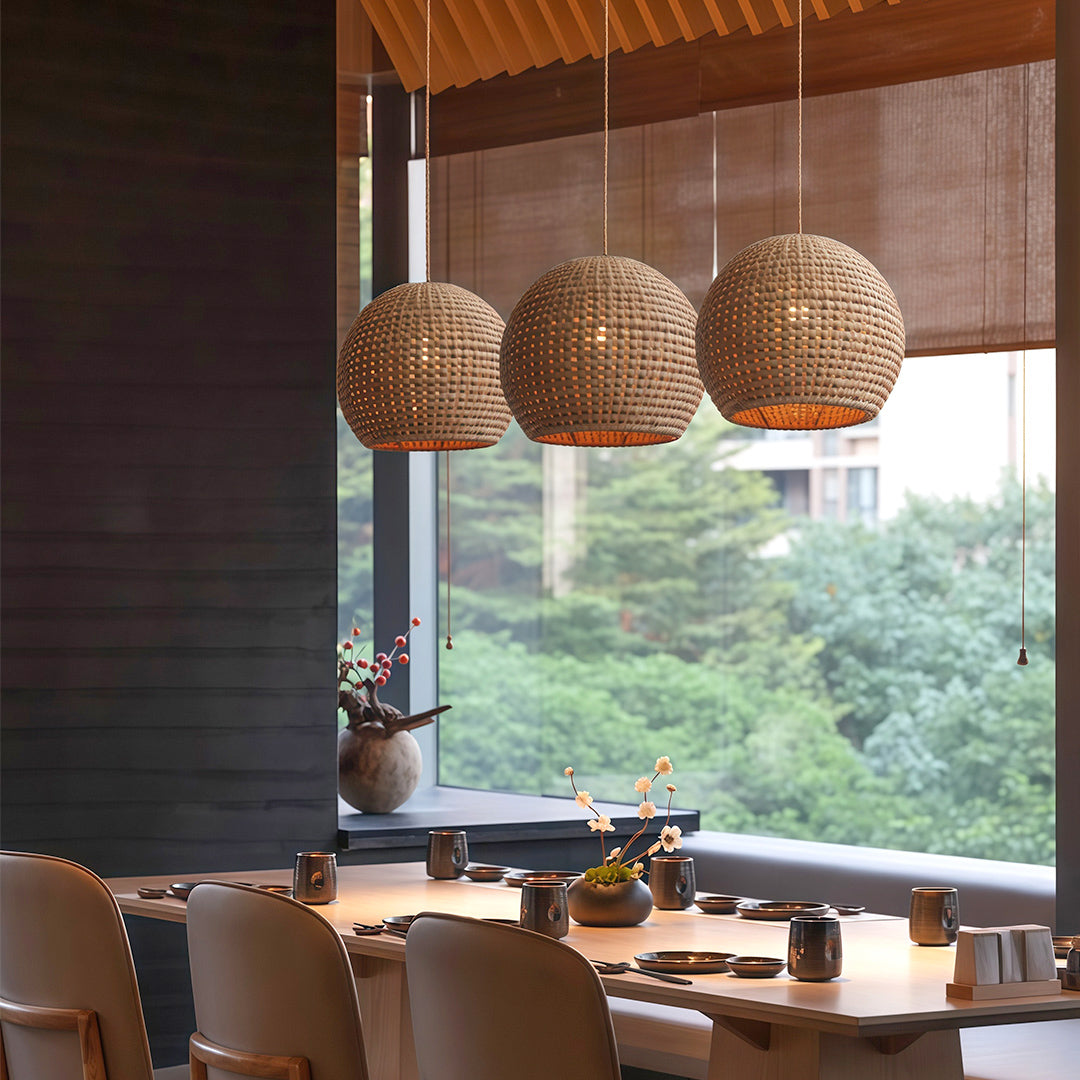 Japanese paper pendant light in a cozy setting, adding a soft glow and enhancing the natural decor of the space.