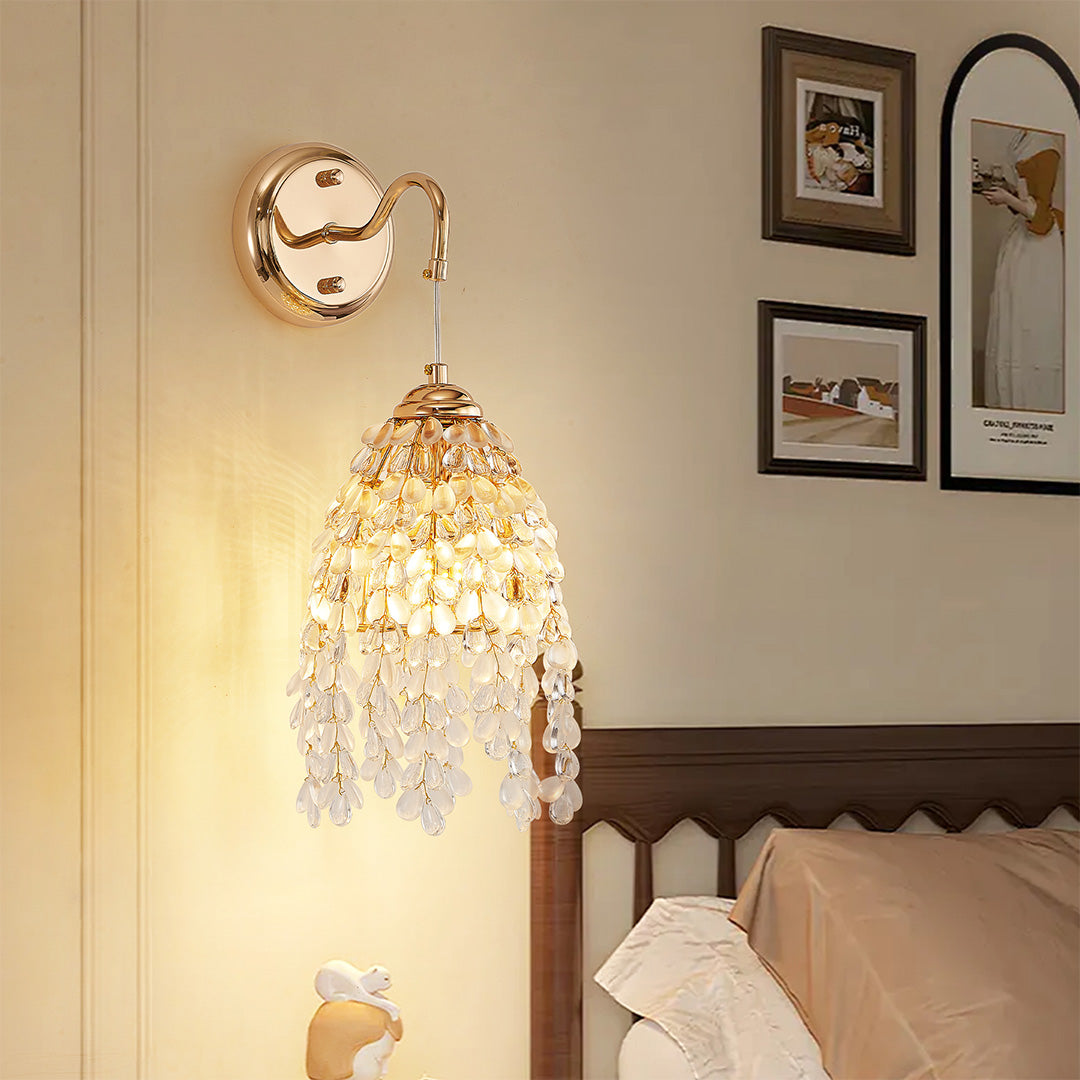 Cozy LED wall light decor featuring glass shade chandelier aesthetic providing warm illumination in traditional corner reading nook.