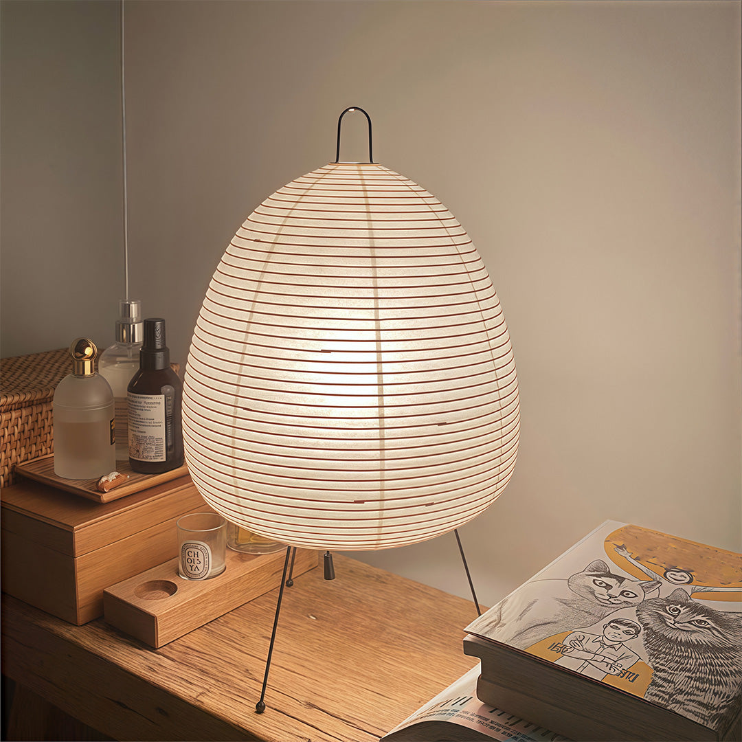 Rice paper table lamp in a cozy living room, warm and inviting Japanese-inspired lighting