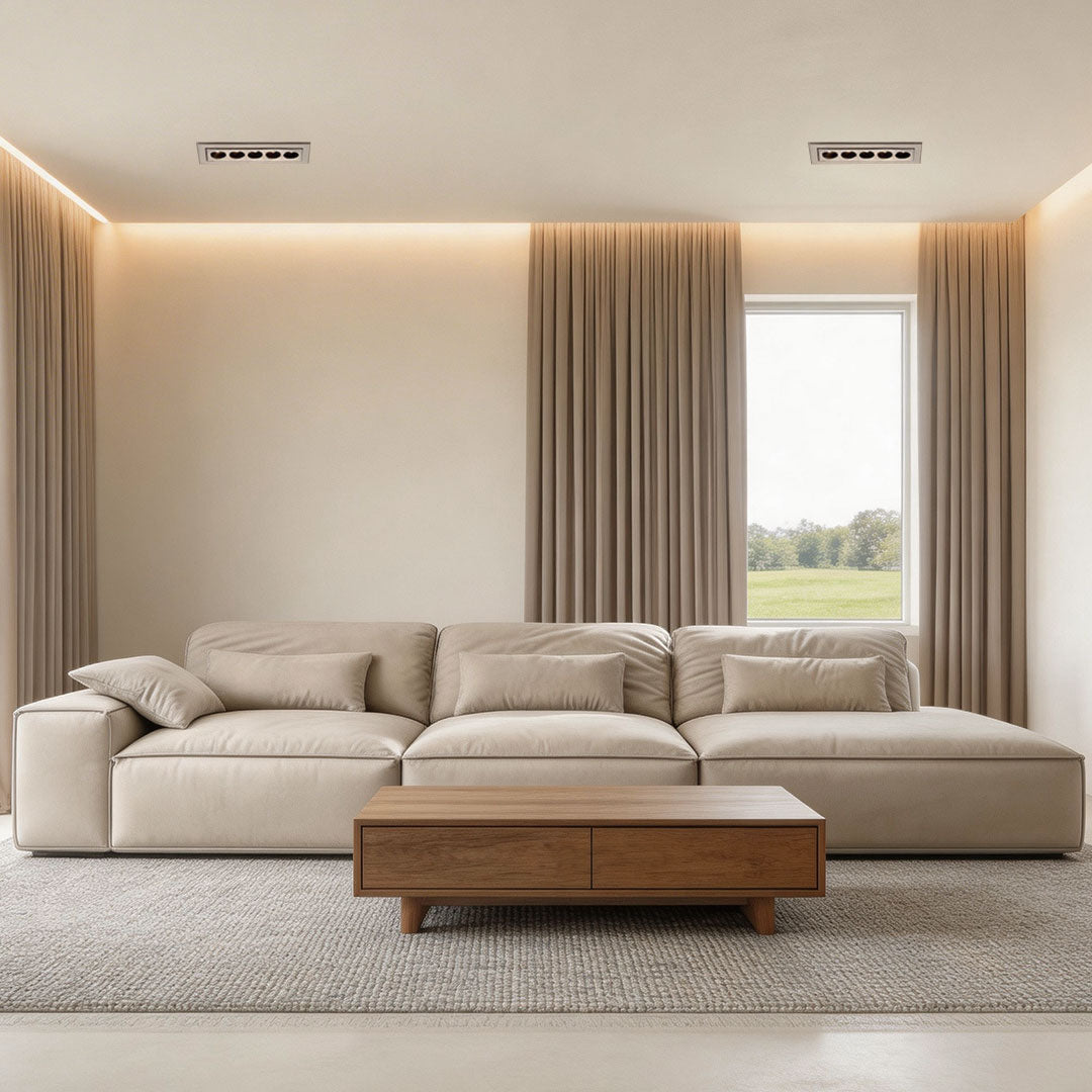 Cozy living room with led ceiling recessed spotlights accentuating the modern design.