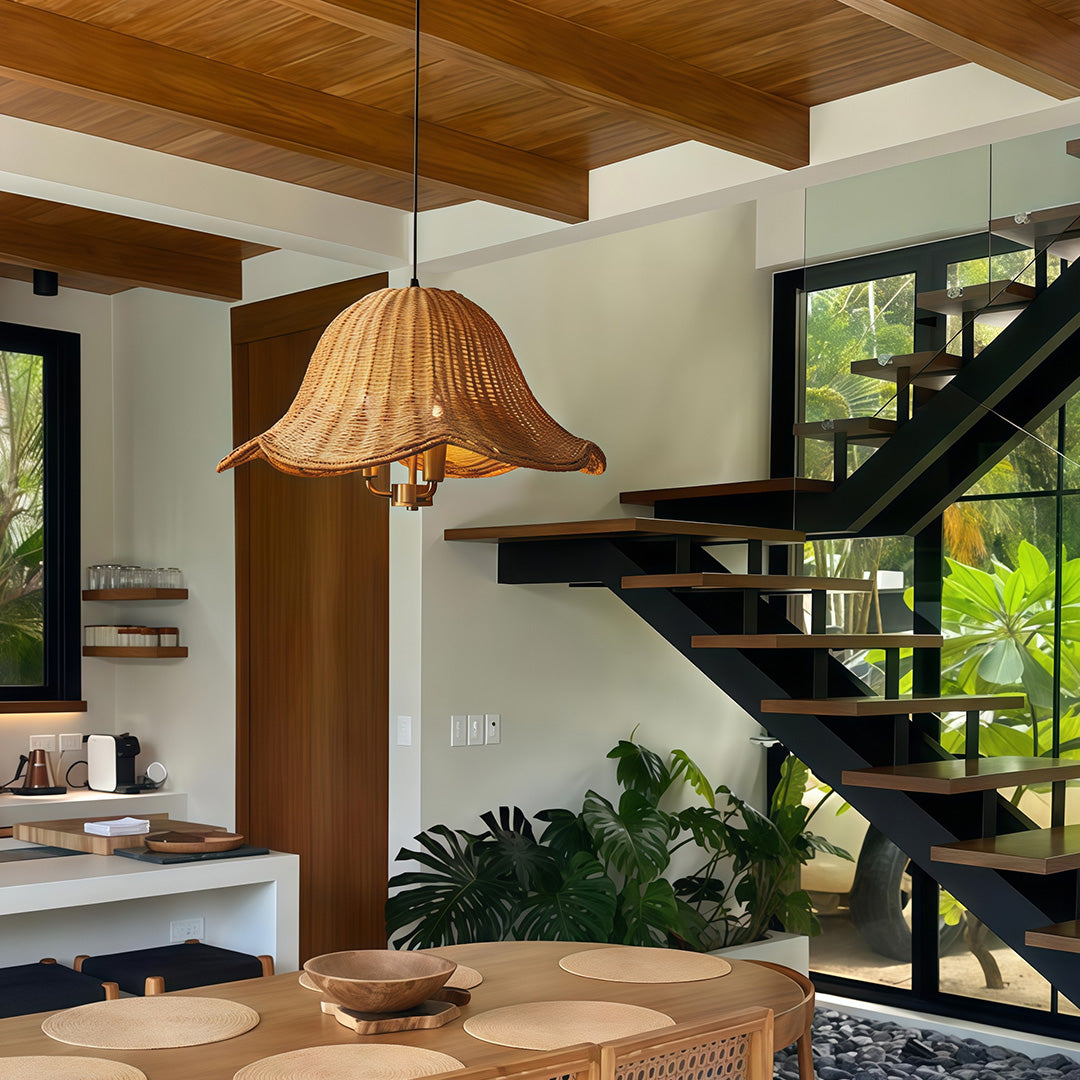 Rattan pendant light in a cozy living room, creating an inviting ambiance with its warm, soft light.