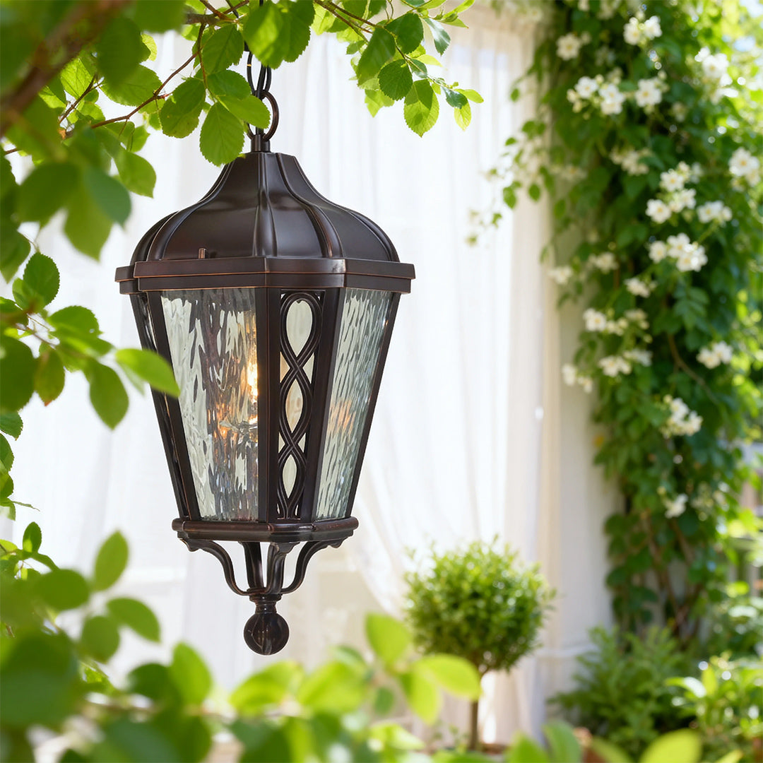 Black pendant light in a cozy outdoor dining area, stylish and warm lighting solution