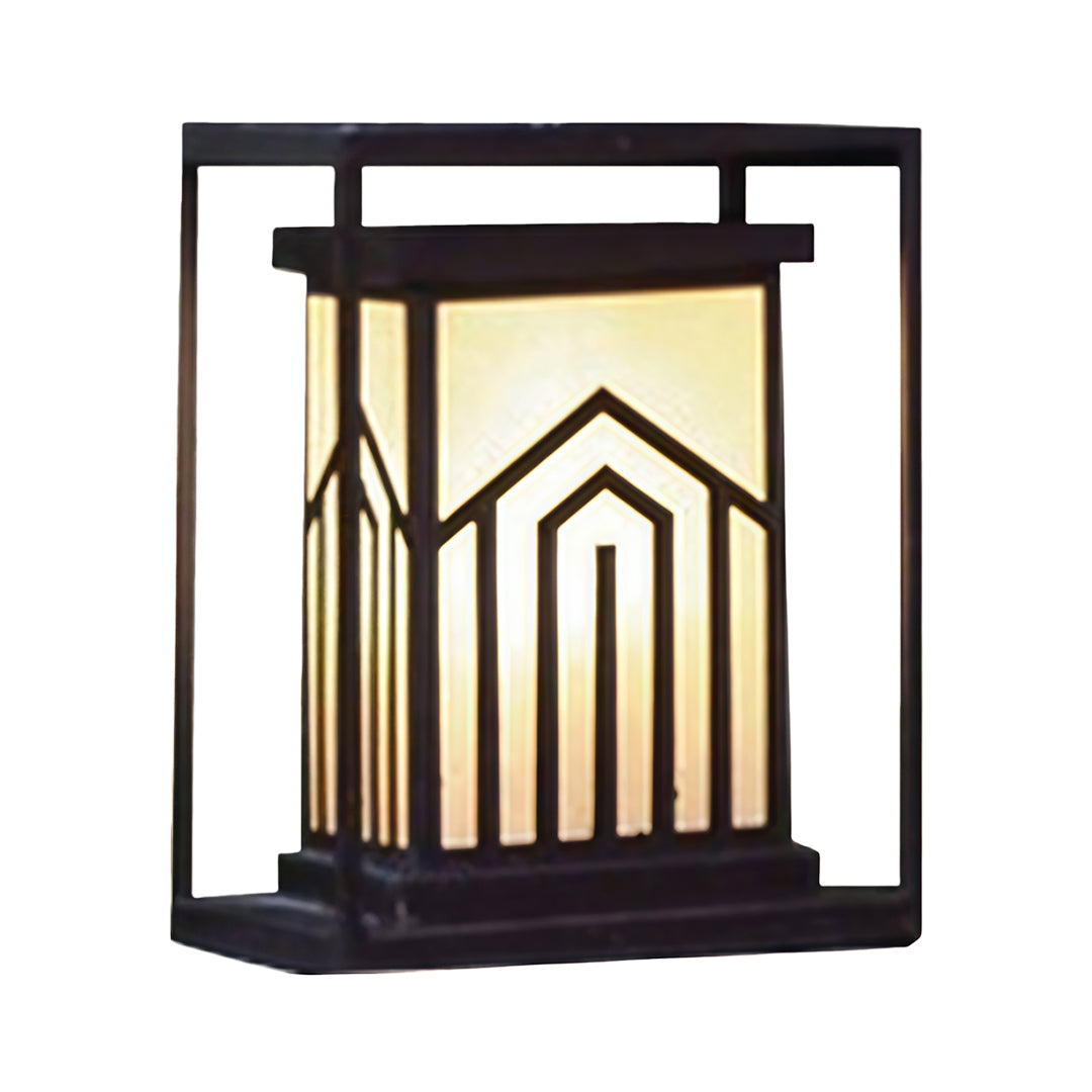 Craftsman-style lantern outdoor lights with a glowing inner shade and a dark metal frame overlay.
