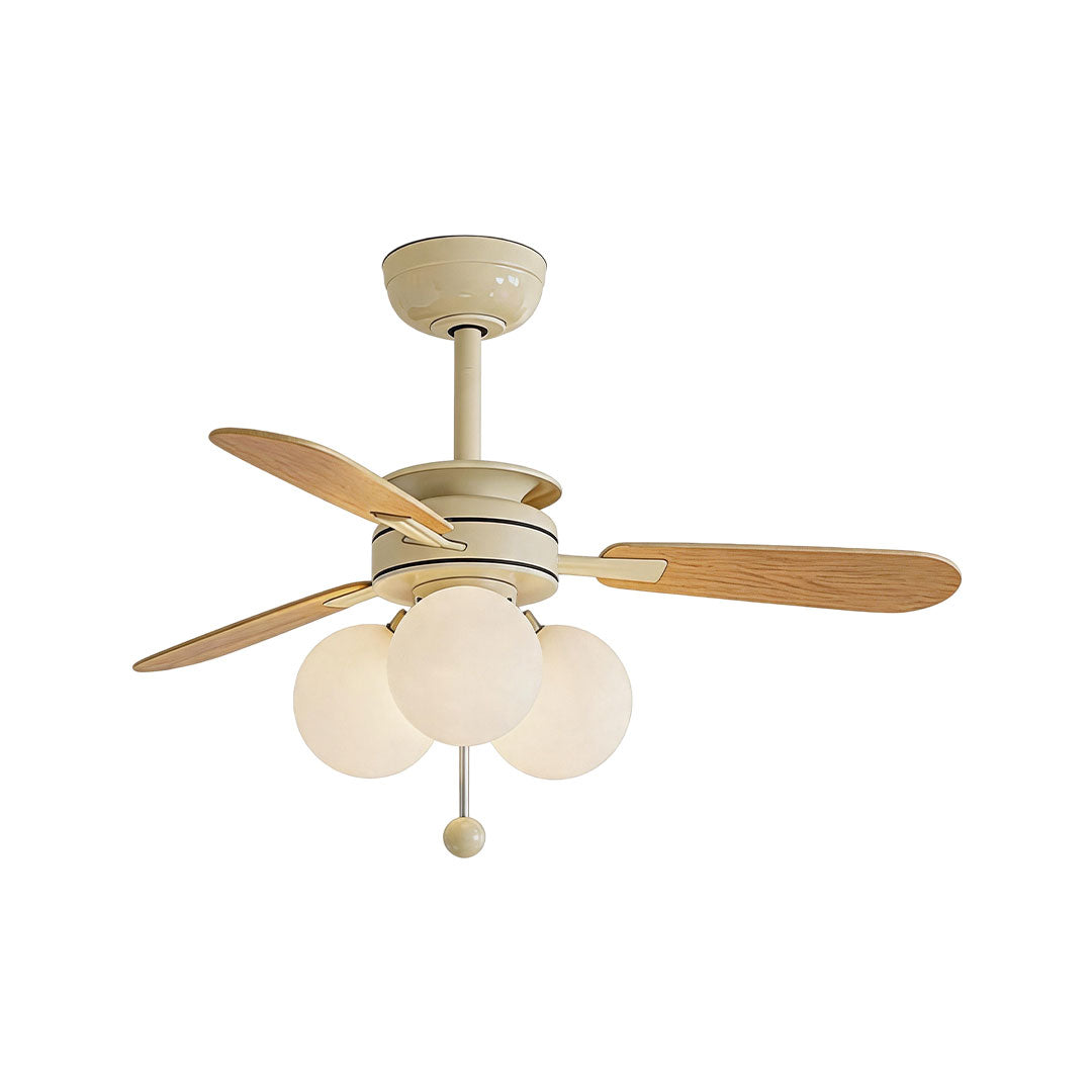 Indoor ceiling fan with light featuring natural wood blades, a cream finish, and frosted globe shades.