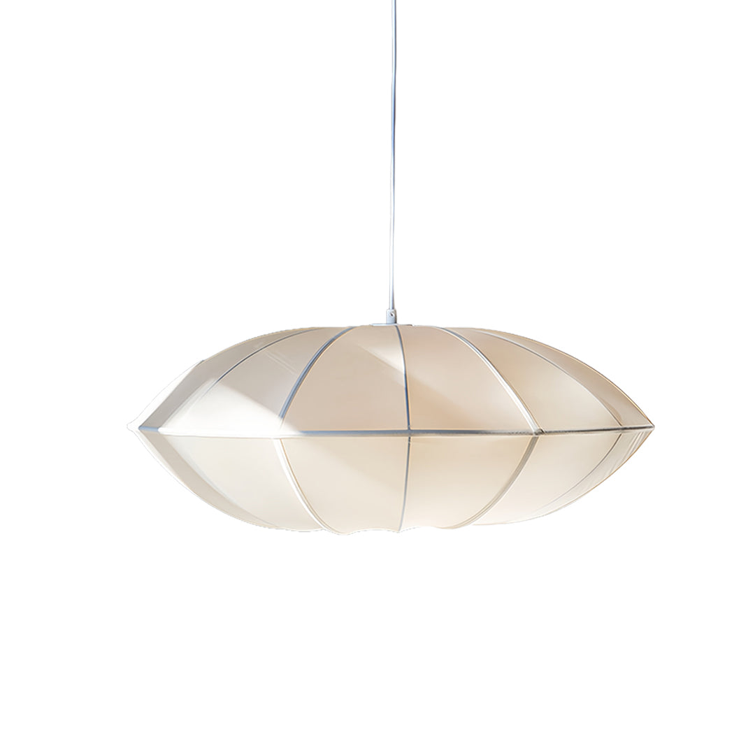 Cream fabric shade pendant light with elegant oval silhouette and warm ambient glow