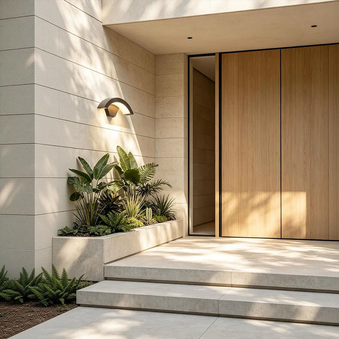 Creative moon curved wall sconce mounted beside a wooden front door with a built-in planter.