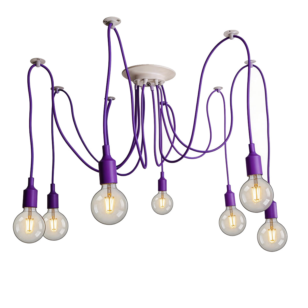 Creative purple spider chandelier featuring multiple Edison bulb sockets.