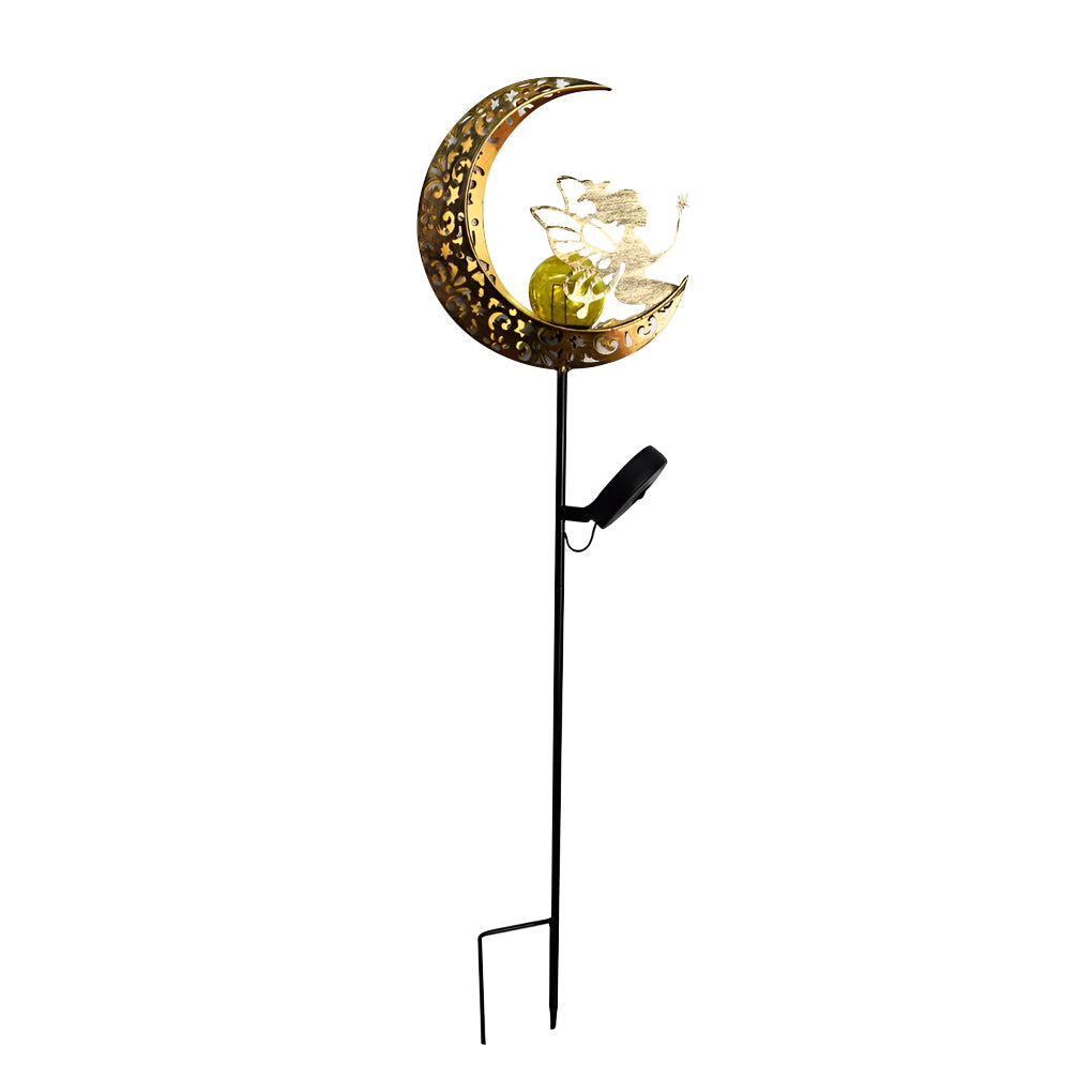 Crescent moon solar garden stake light featuring a decorative fairy accent and side-mounted solar panel.