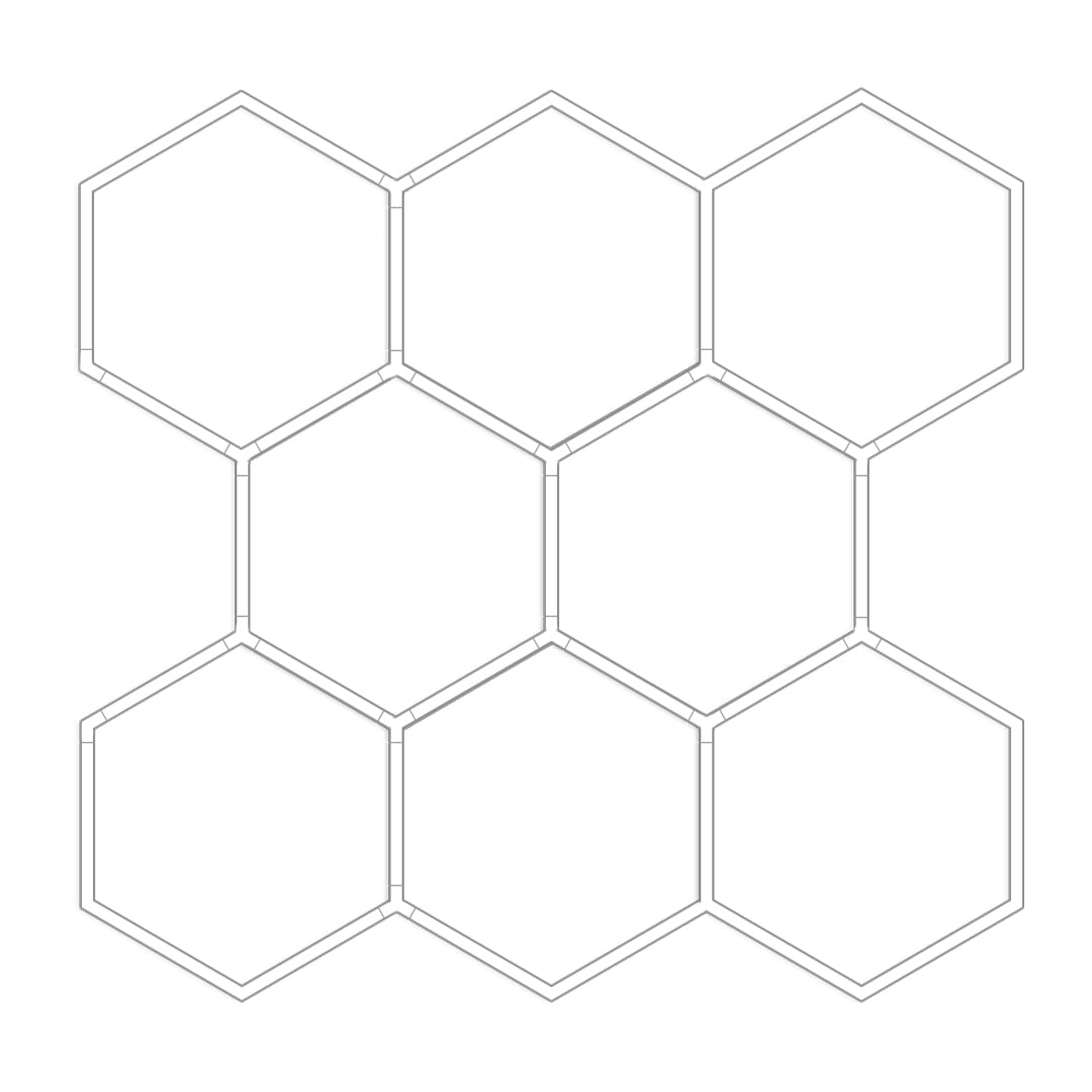 Cross-shaped honeycomb ceiling light configuration with multiple hexagon LED lighting sections.