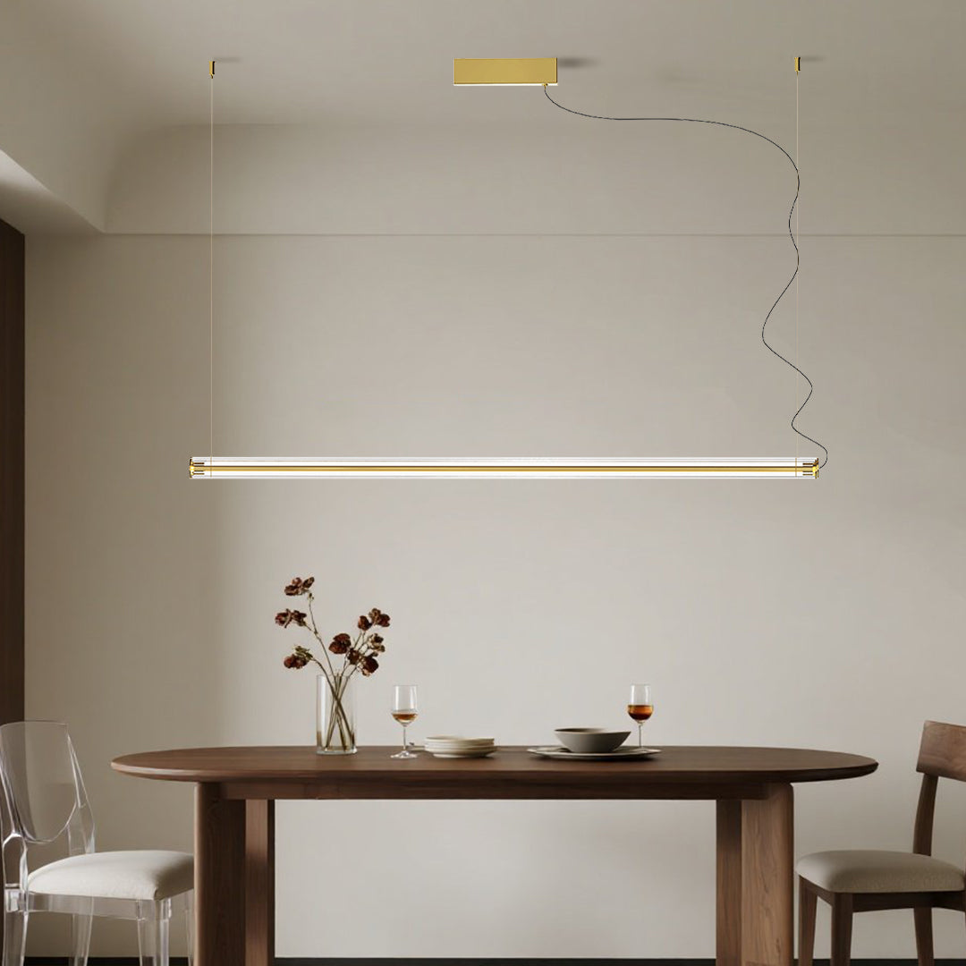 Designer linear pendant light with crossed configuration adding architectural interest to interior space