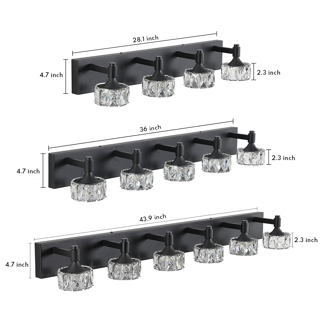 Crystal bathroom vanity light with glass shade chandelier design featuring black finish and multiple cube-shaped crystal fixtures.