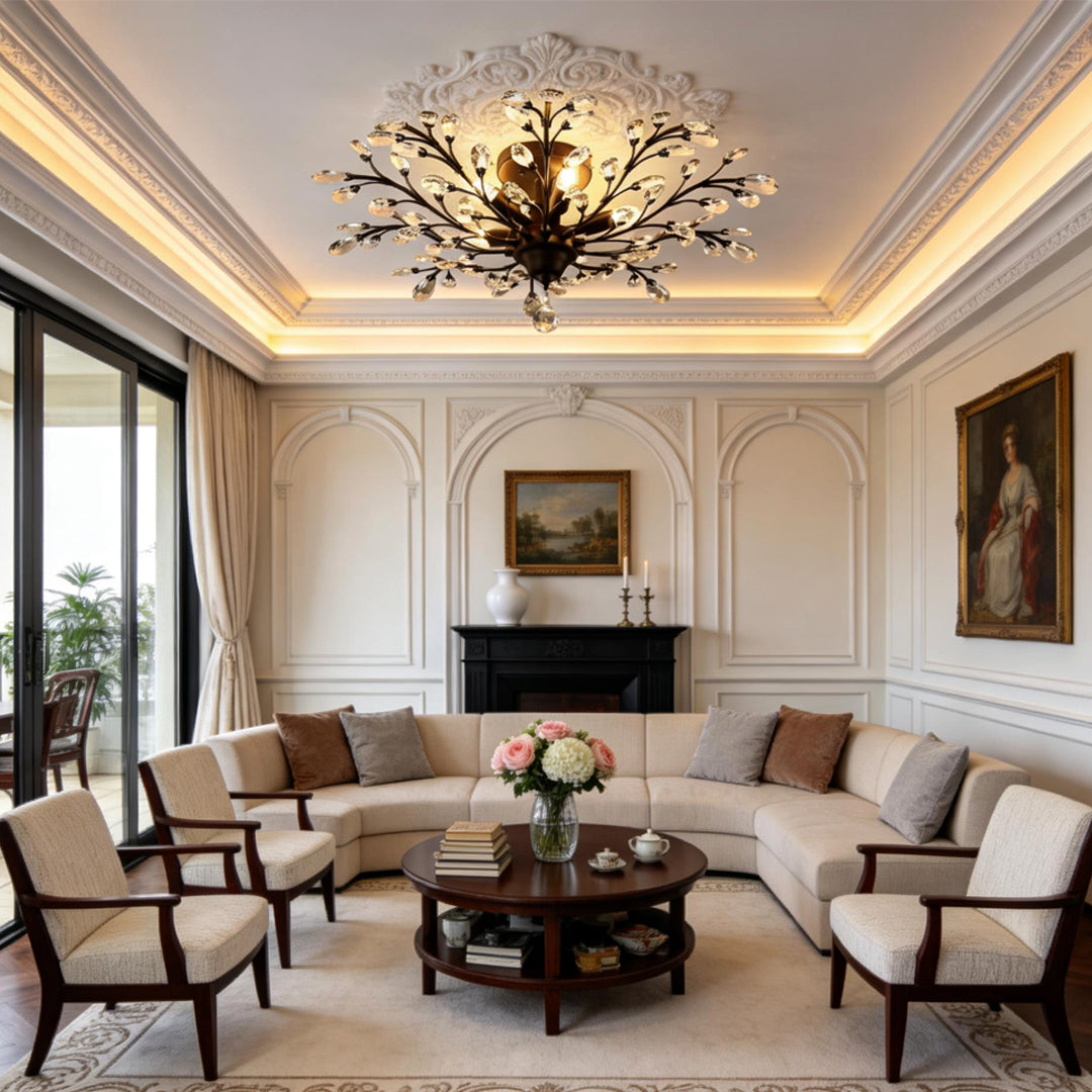 Crystal branch chandelier in classic living room with elegant ceiling design.