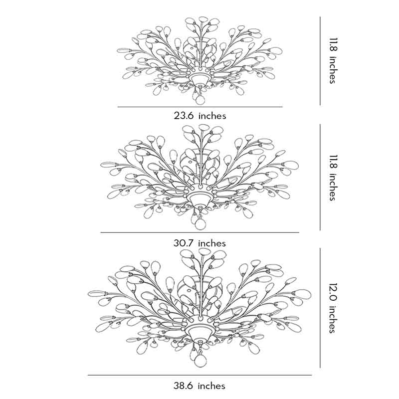 Crystal branch chandelier dimension drawing with size options.